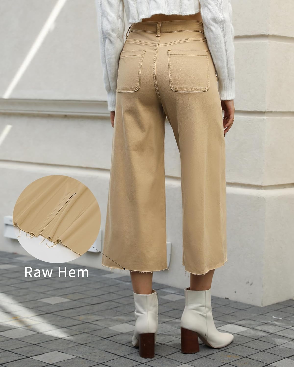 GRAPENT Jean Capris for Women Wide Leg Jeans High Waisted Seamed Front Raw Hem Denim Capri Pants StretchyKhaki