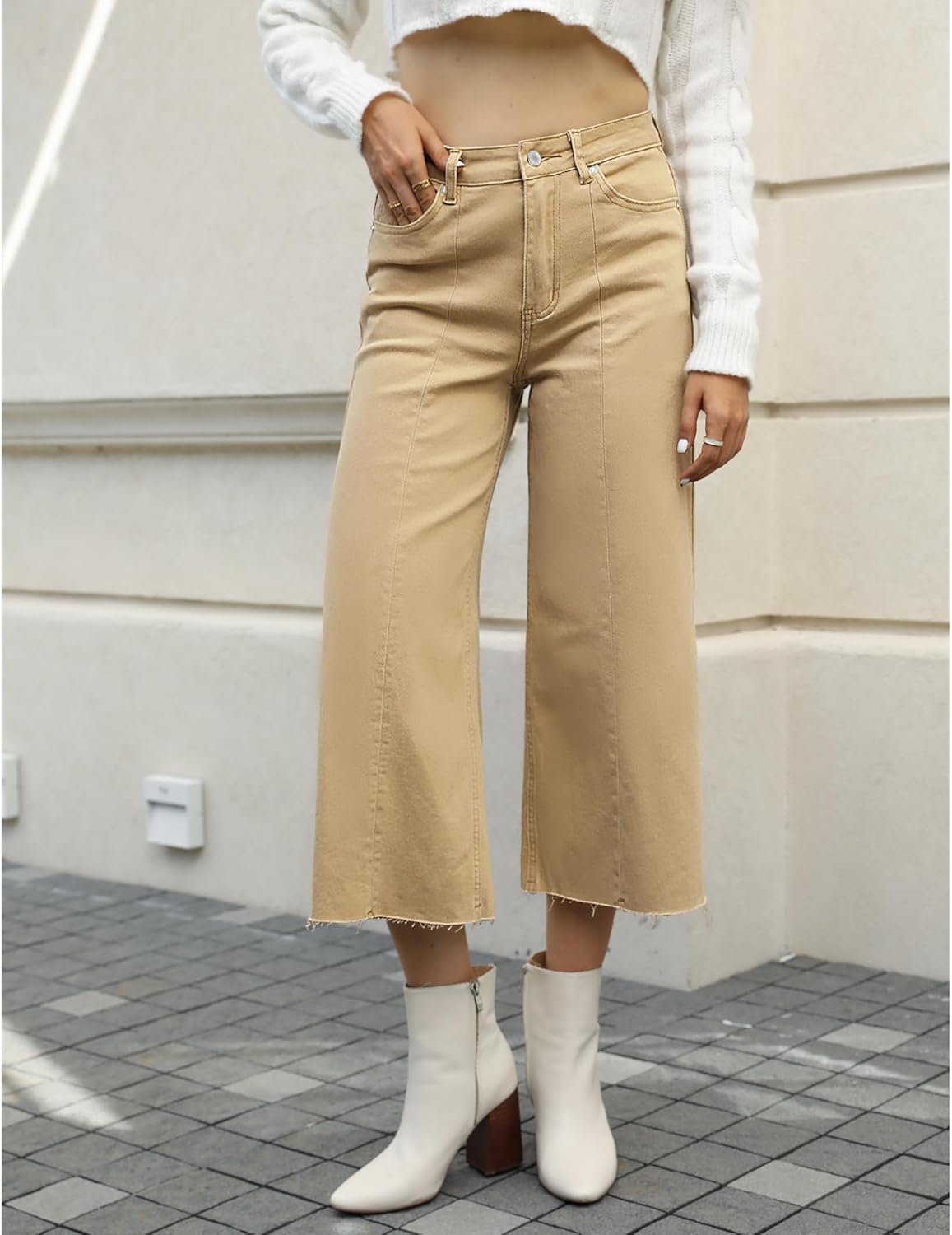 GRAPENT Jean Capris for Women Wide Leg Jeans High Waisted Seamed Front Raw Hem Denim Capri Pants StretchyKhaki
