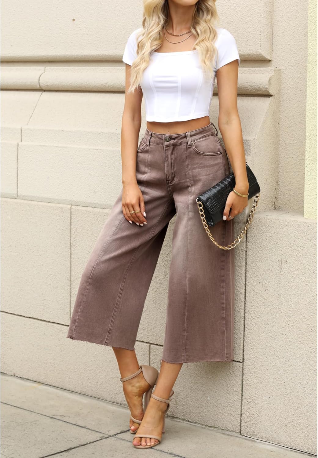 GRAPENT Jean Capris for Women Wide Leg Jeans High Waisted Seamed Front Raw Hem Denim Capri Pants StretchyPecan Brown
