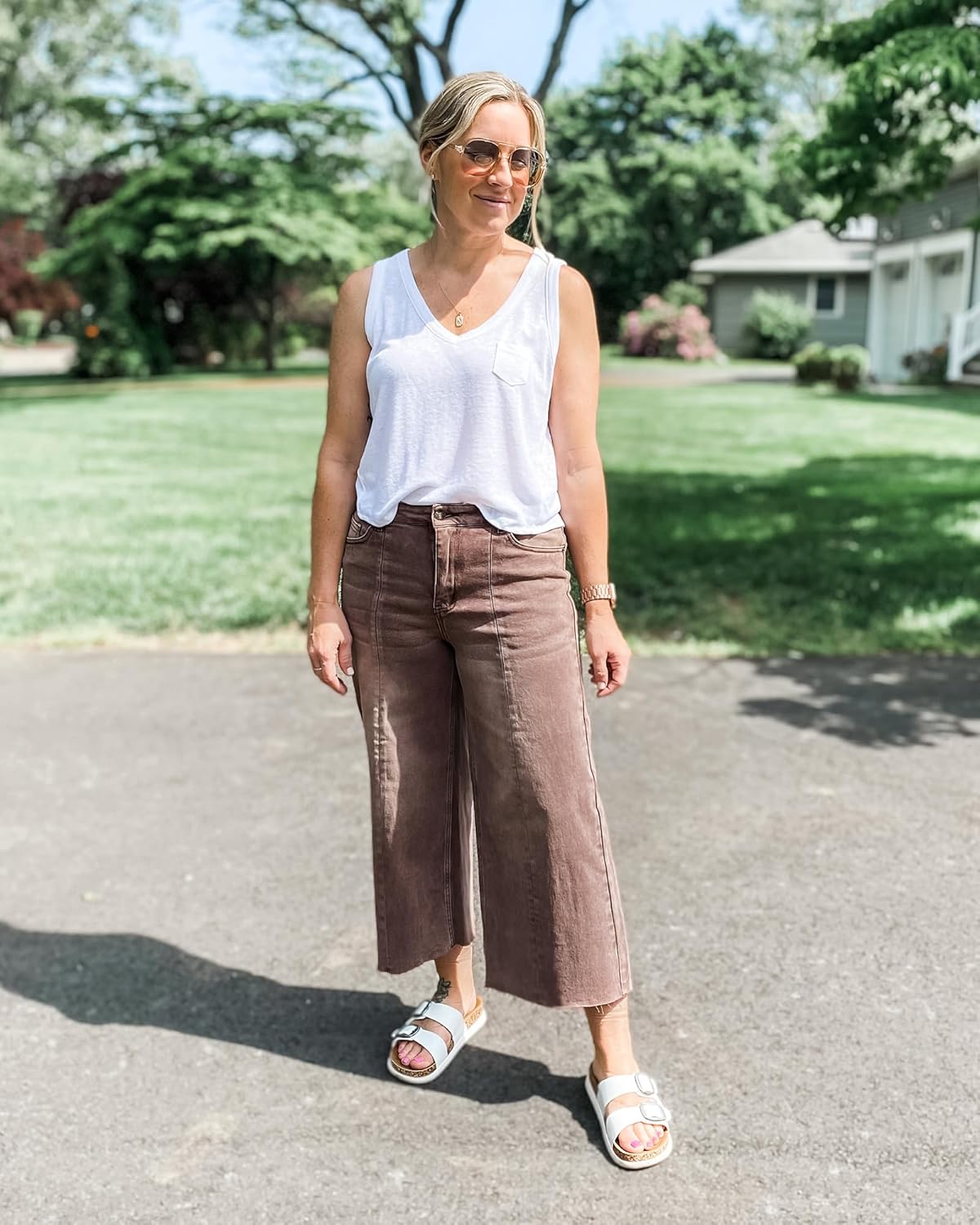 GRAPENT Jean Capris for Women Wide Leg Jeans High Waisted Seamed Front Raw Hem Denim Capri Pants StretchyPecan Brown