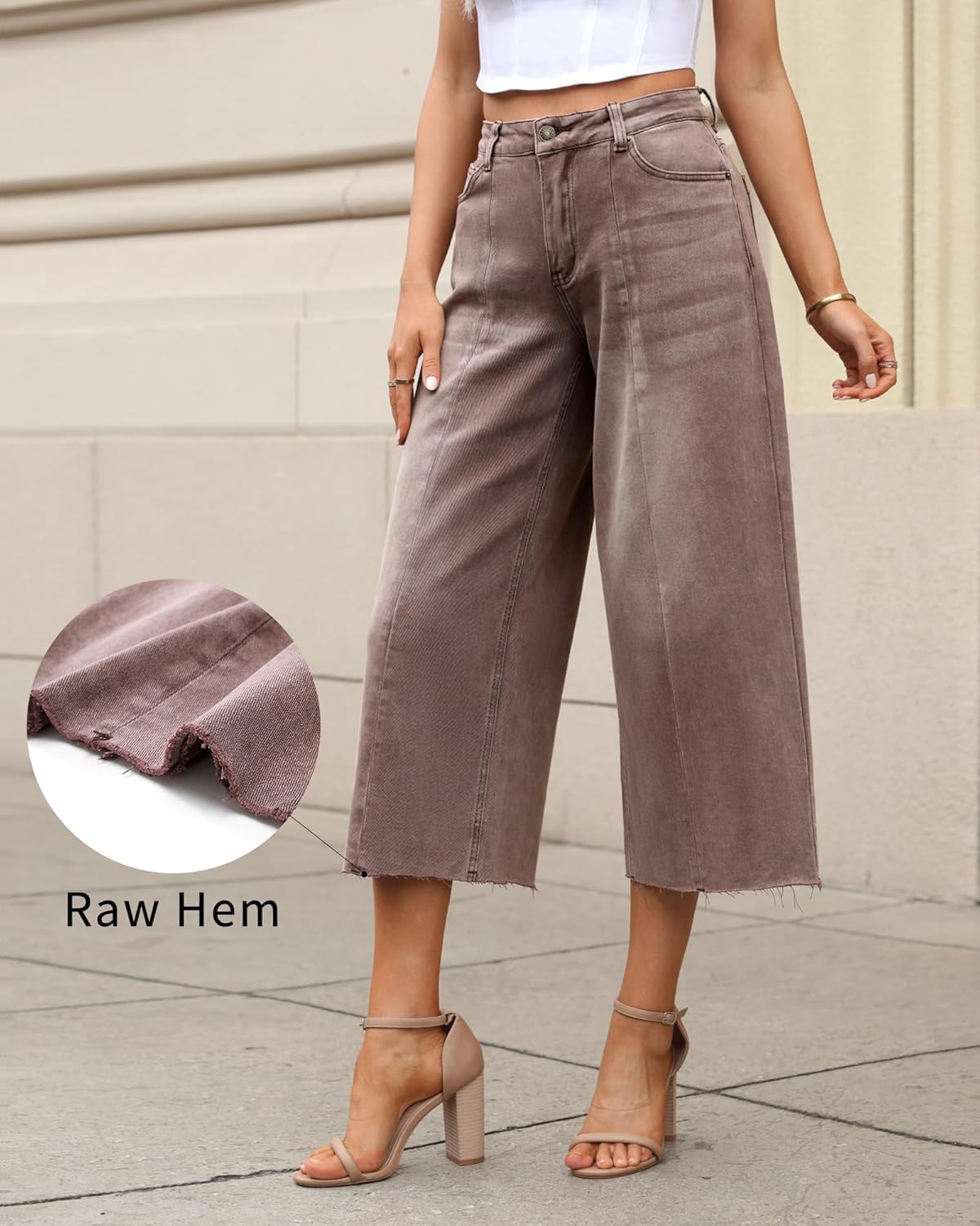 GRAPENT Jean Capris for Women Wide Leg Jeans High Waisted Seamed Front Raw Hem Denim Capri Pants StretchyPecan Brown