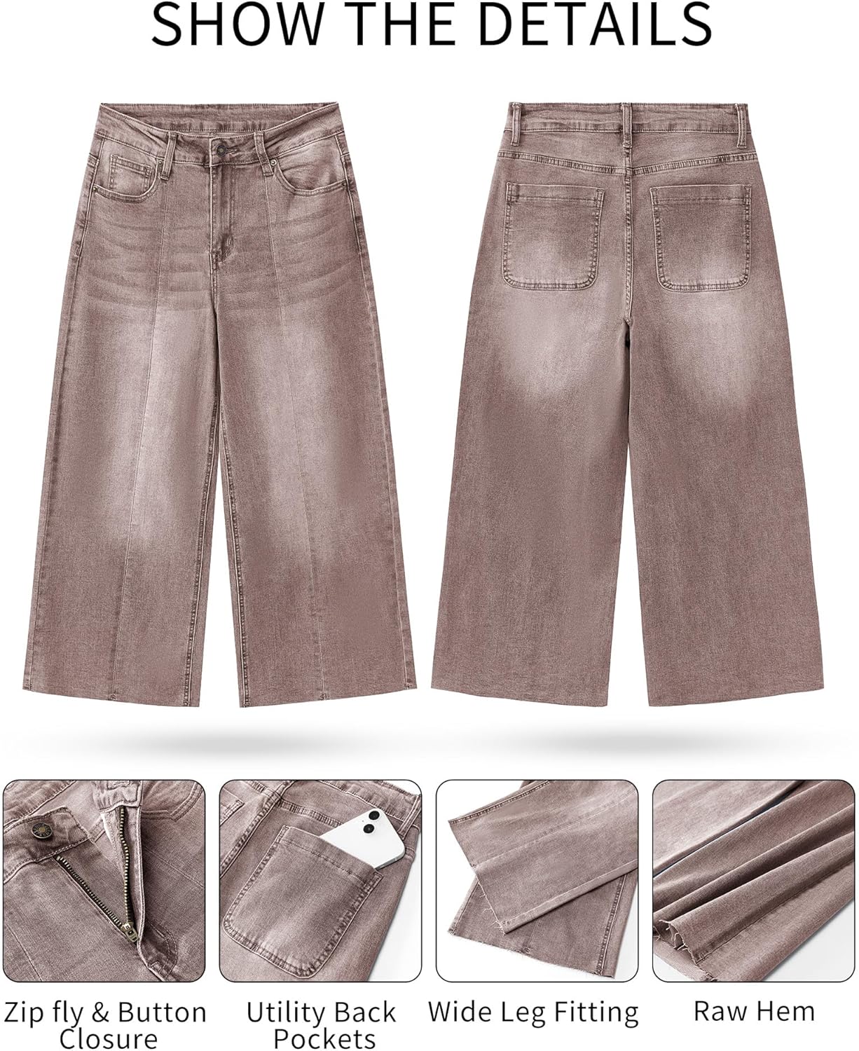 GRAPENT Jean Capris for Women Wide Leg Jeans High Waisted Seamed Front Raw Hem Denim Capri Pants StretchyPecan Brown