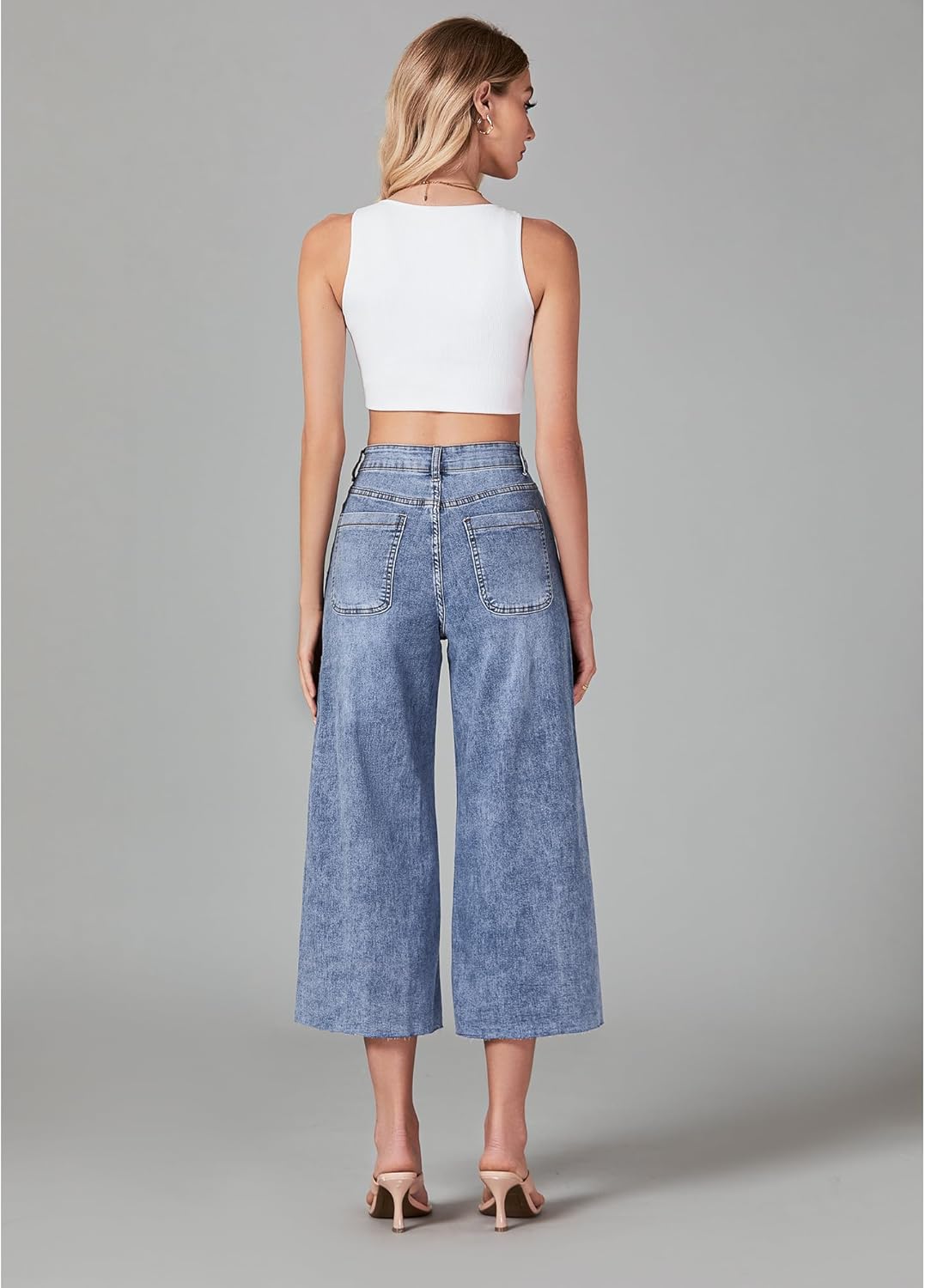GRAPENT Jean Capris for Women Wide Leg Jeans High Waisted Seamed Front Raw Hem Denim Capri Pants StretchyReef Blue