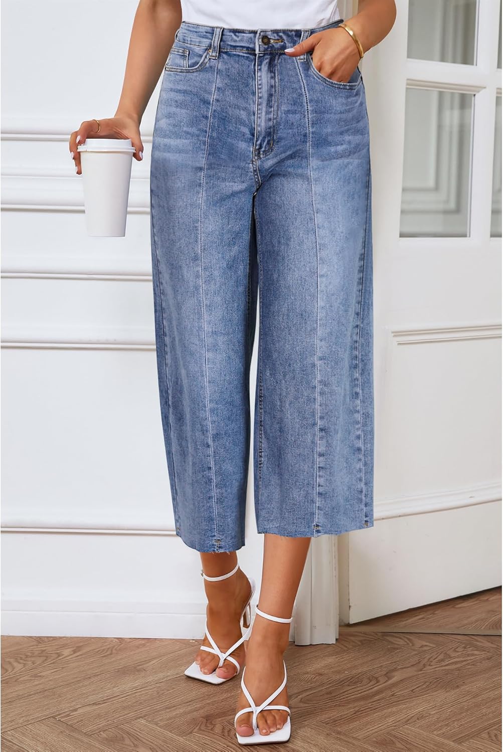 GRAPENT Jean Capris for Women Wide Leg Jeans High Waisted Seamed Front Raw Hem Denim Capri Pants StretchyReef Blue