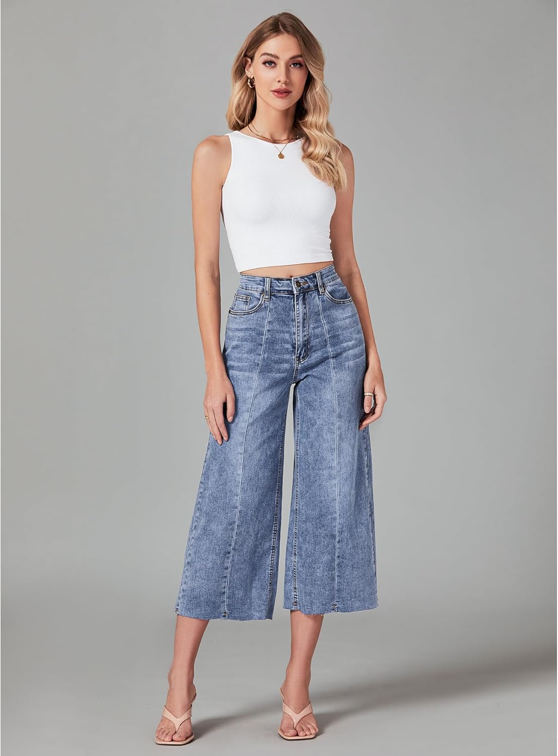 GRAPENT Jean Capris for Women Wide Leg Jeans High Waisted Seamed Front Raw Hem Denim Capri Pants StretchyReef Blue