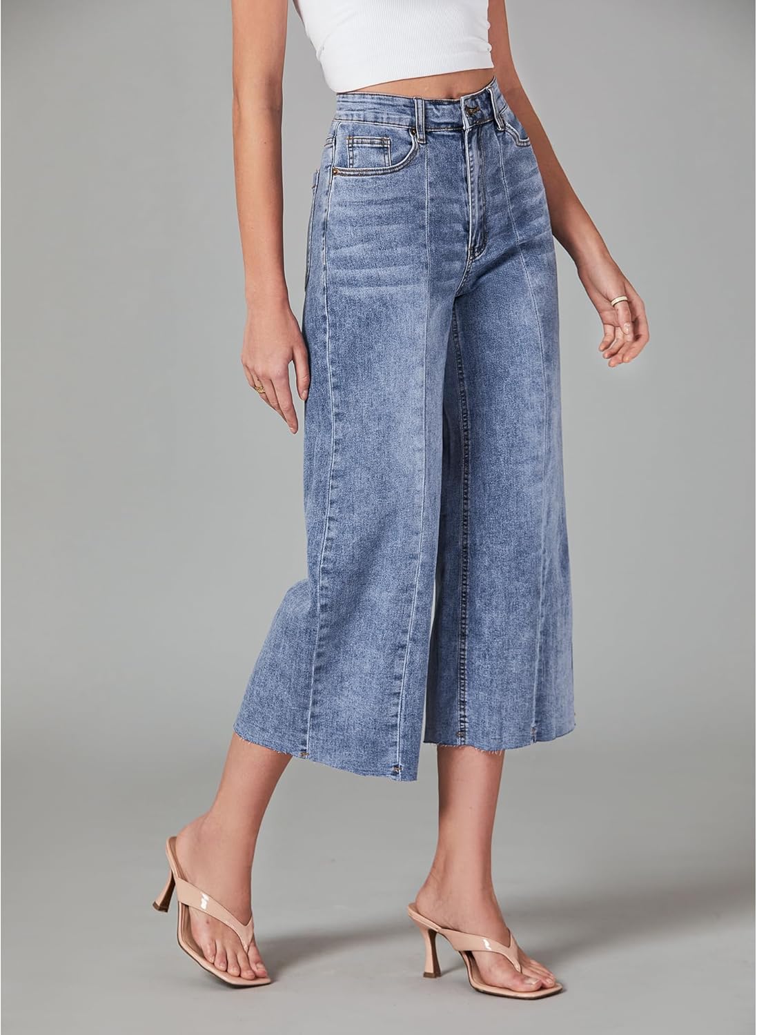 GRAPENT Jean Capris for Women Wide Leg Jeans High Waisted Seamed Front Raw Hem Denim Capri Pants StretchyReef Blue