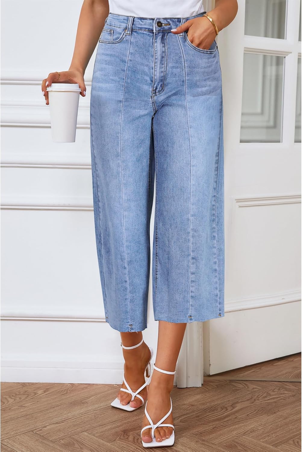 GRAPENT Jean Capris for Women Wide Leg Jeans High Waisted Seamed Front Raw Hem Denim Capri Pants StretchyWategos Blue