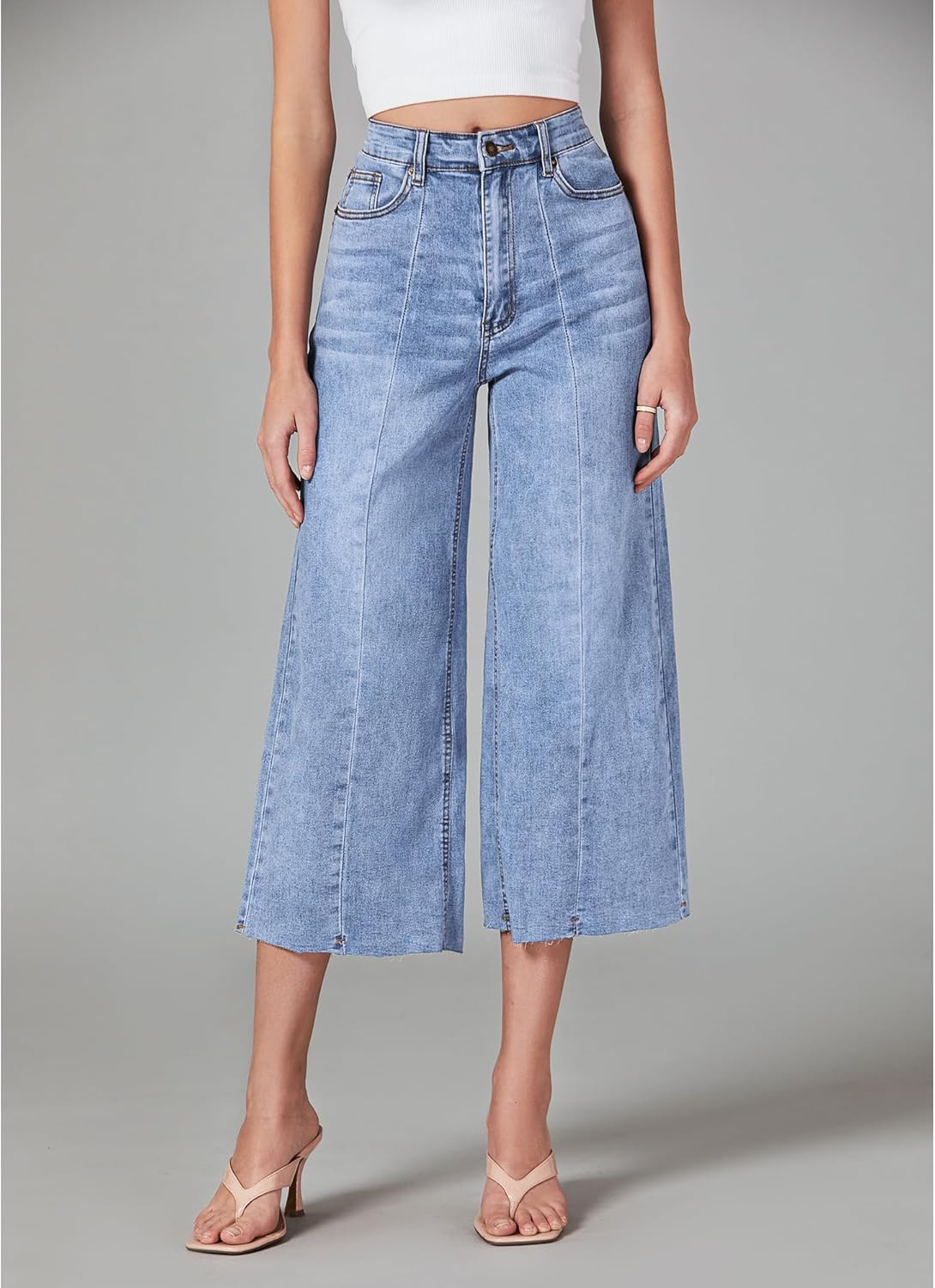 GRAPENT Jean Capris for Women Wide Leg Jeans High Waisted Seamed Front Raw Hem Denim Capri Pants StretchyWategos Blue
