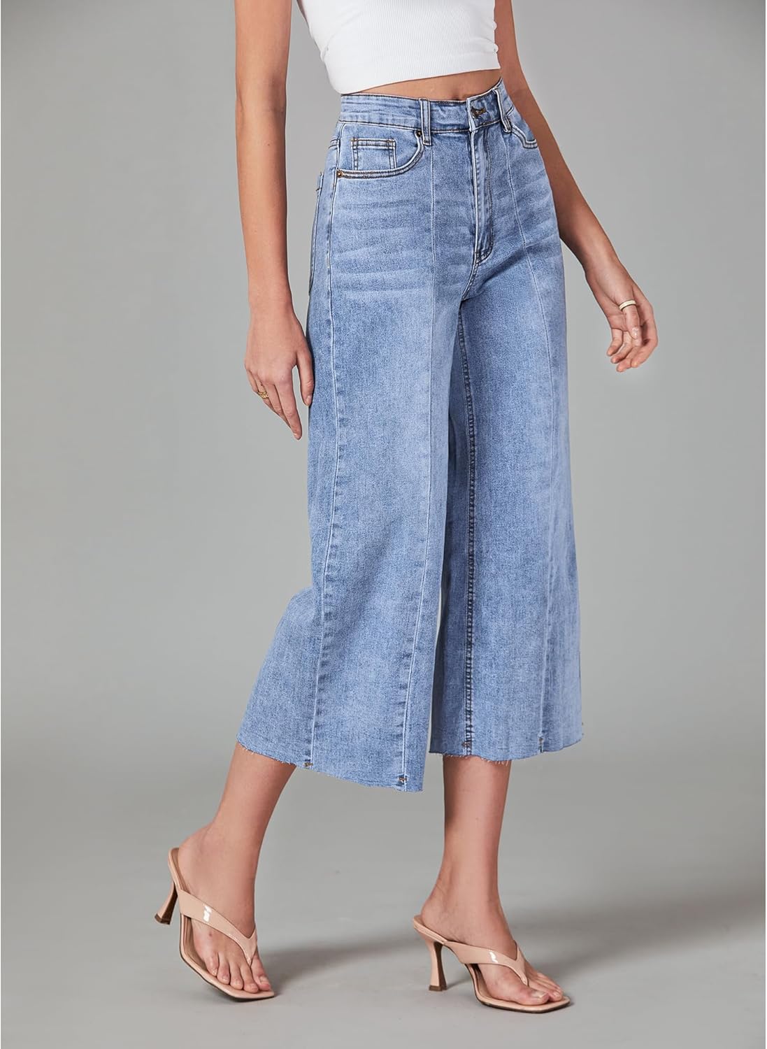 GRAPENT Jean Capris for Women Wide Leg Jeans High Waisted Seamed Front Raw Hem Denim Capri Pants StretchyWategos Blue