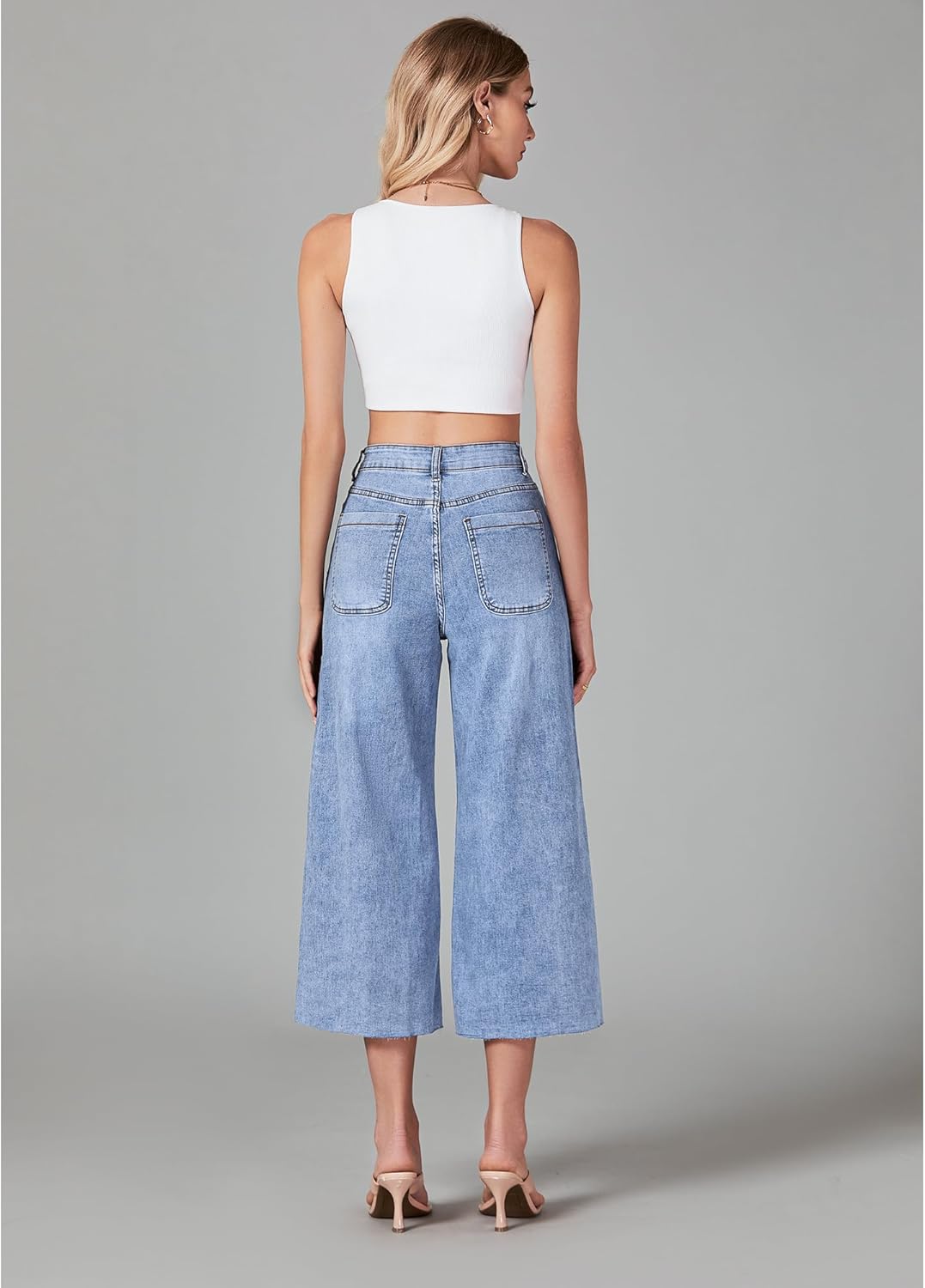 GRAPENT Jean Capris for Women Wide Leg Jeans High Waisted Seamed Front Raw Hem Denim Capri Pants StretchyWategos Blue
