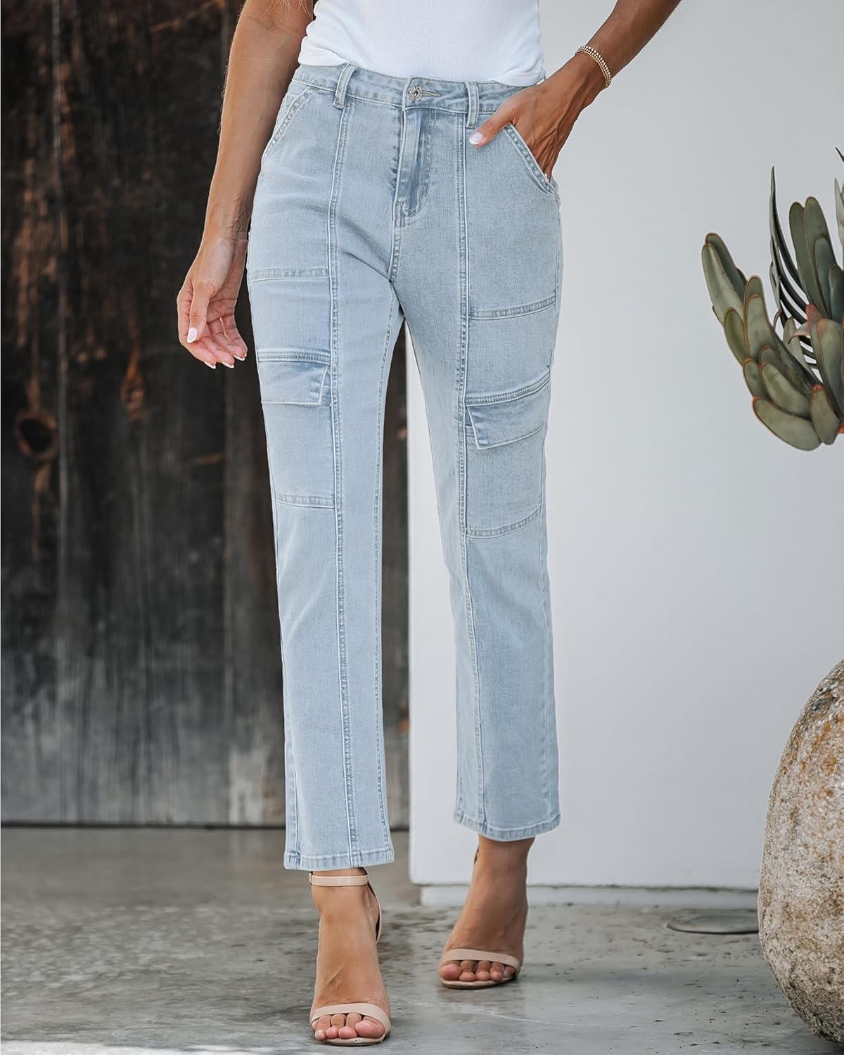 GRAPENT Jeans for Women Fashion Cargo Pants High Waisted Stretch Straight Leg Distressed Denim Pants
