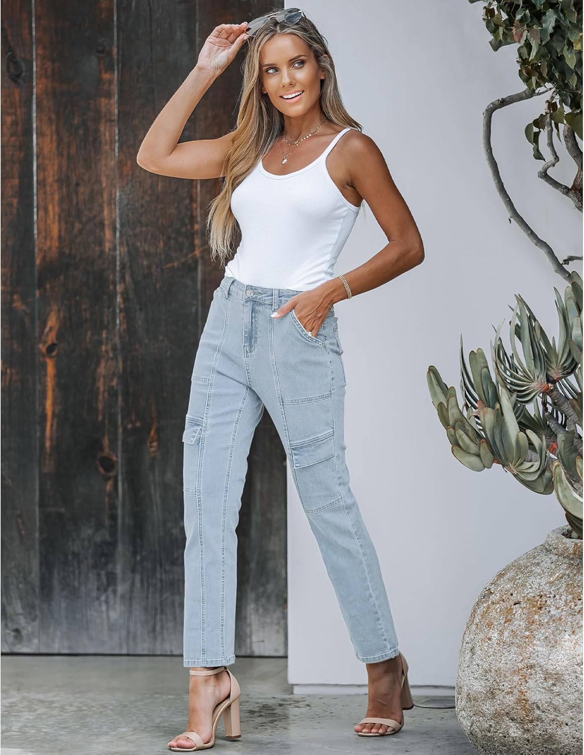 GRAPENT Jeans for Women Fashion Cargo Pants High Waisted Stretch Straight Leg Distressed Denim Pants