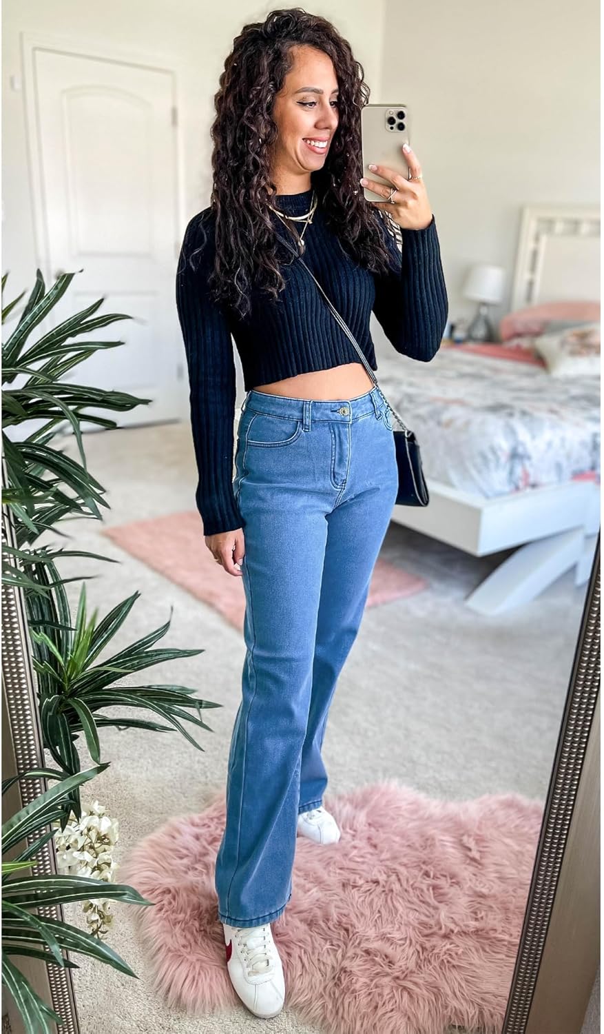 GRAPENT Jeans for Women Fleece Lined Pants High Waisted Stretchy Denim Straight Leg Baggy Jeans Sherpa Warm Winter ClothesBlue Tides