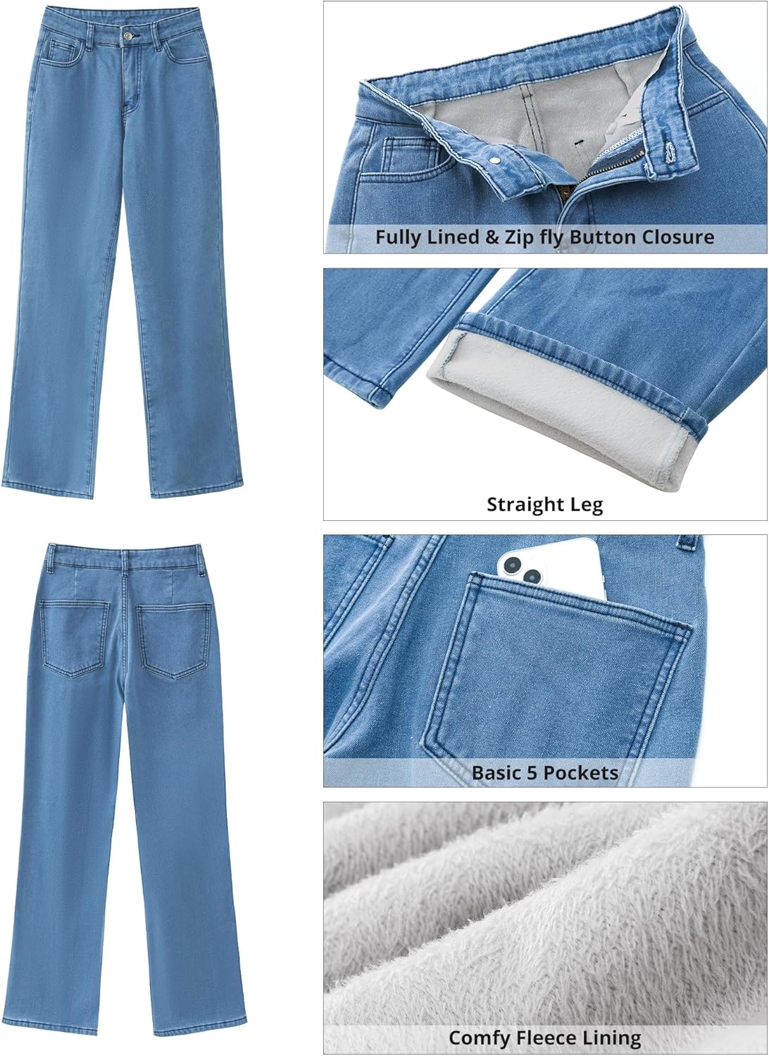 GRAPENT Jeans for Women Fleece Lined Pants High Waisted Stretchy Denim Straight Leg Baggy Jeans Sherpa Warm Winter ClothesBlue Tides