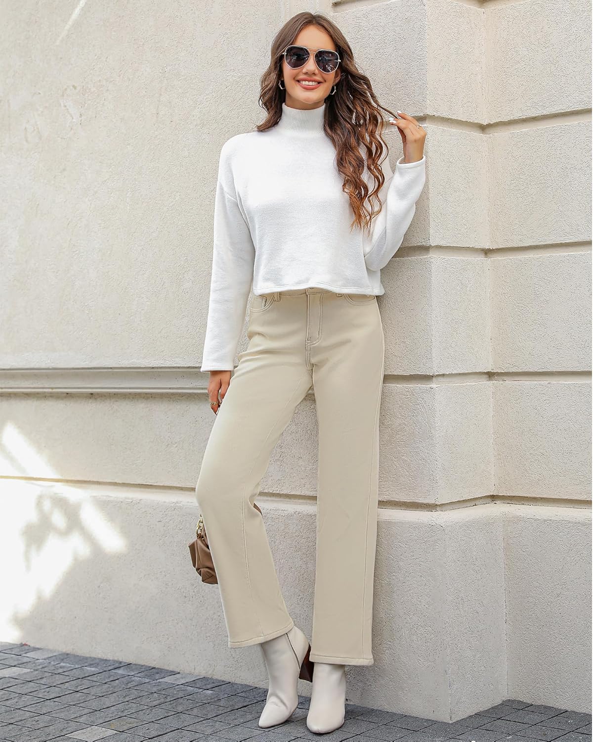 GRAPENT Jeans for Women Fleece Lined Pants High Waisted Stretchy Denim Straight Leg Baggy Jeans Sherpa Warm Winter ClothesCannoli Cream