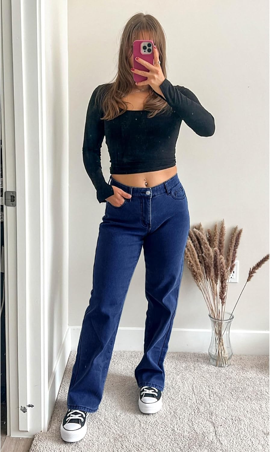 GRAPENT Jeans for Women Fleece Lined Pants High Waisted Stretchy Denim Straight Leg Baggy Jeans Sherpa Warm Winter ClothesLapis Storm