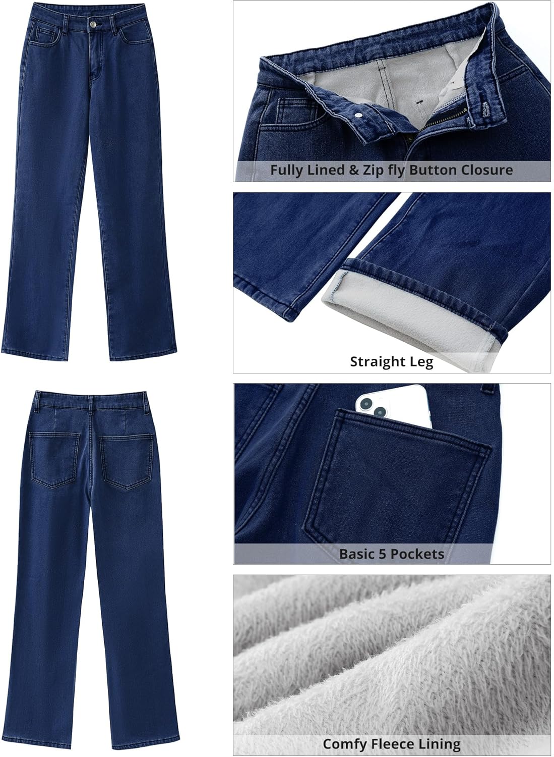 GRAPENT Jeans for Women Fleece Lined Pants High Waisted Stretchy Denim Straight Leg Baggy Jeans Sherpa Warm Winter ClothesLapis Storm