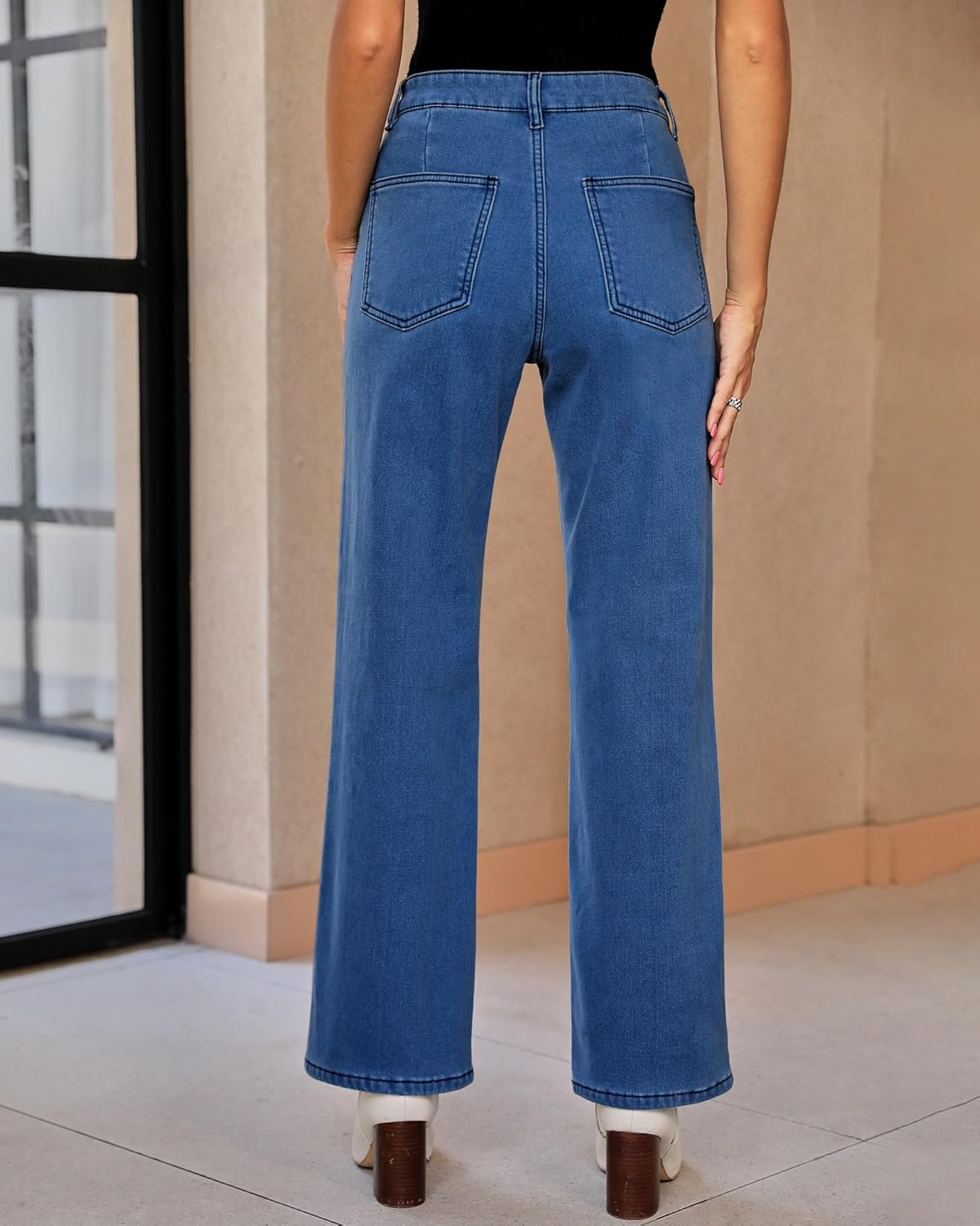 GRAPENT Jeans for Women Fleece Lined Pants High Waisted Stretchy Denim Straight Leg Baggy Jeans Sherpa Warm Winter ClothesMonaco Blue