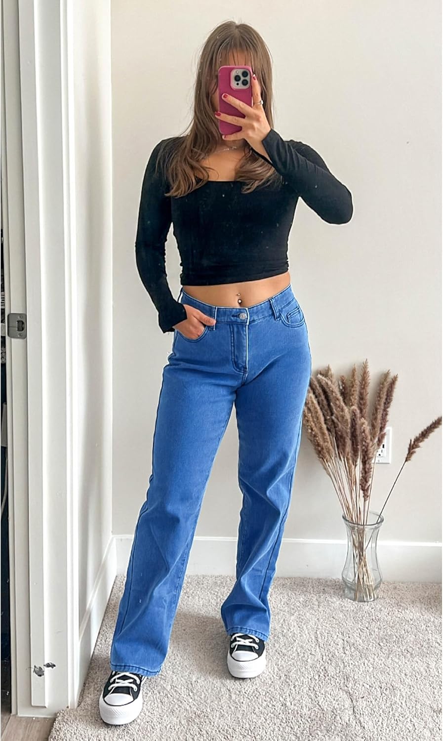 GRAPENT Jeans for Women Fleece Lined Pants High Waisted Stretchy Denim Straight Leg Baggy Jeans Sherpa Warm Winter ClothesMonaco Blue