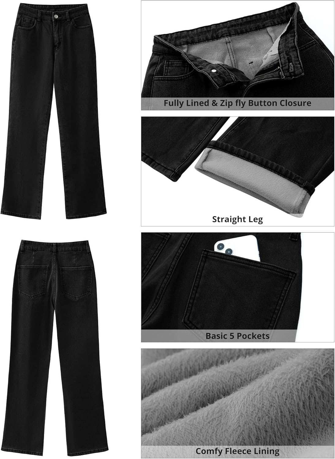 GRAPENT Jeans for Women Fleece Lined Pants High Waisted Stretchy Denim Straight Leg Baggy Jeans Sherpa Warm Winter ClothesSoft Black