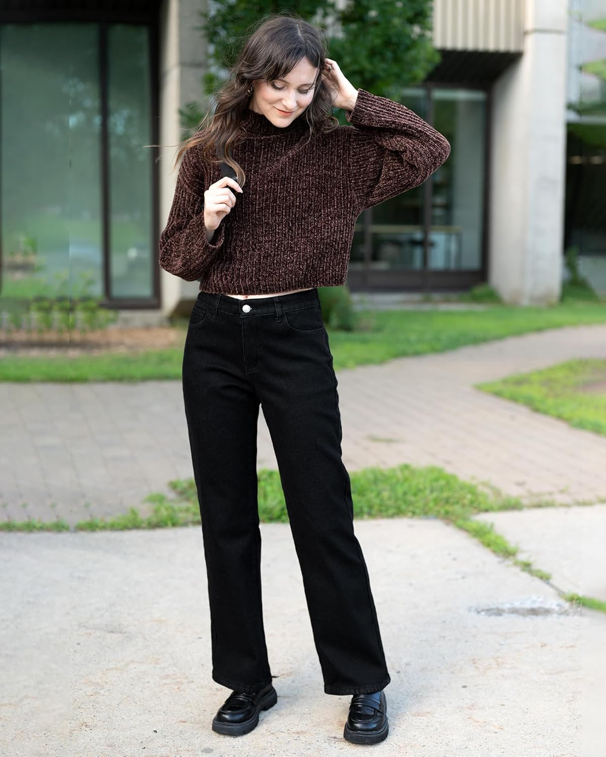GRAPENT Jeans for Women Fleece Lined Pants High Waisted Stretchy Denim Straight Leg Baggy Jeans Sherpa Warm Winter ClothesSoft Black