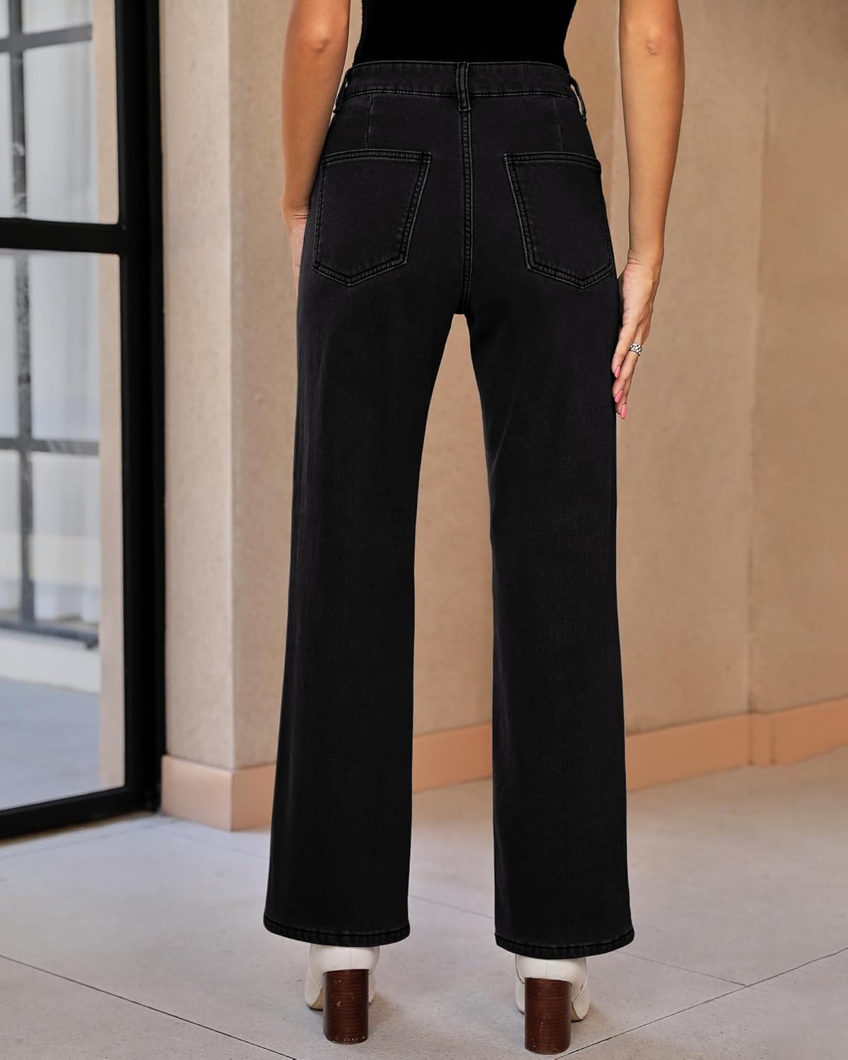 GRAPENT Jeans for Women Fleece Lined Pants High Waisted Stretchy Denim Straight Leg Baggy Jeans Sherpa Warm Winter ClothesSoft Black