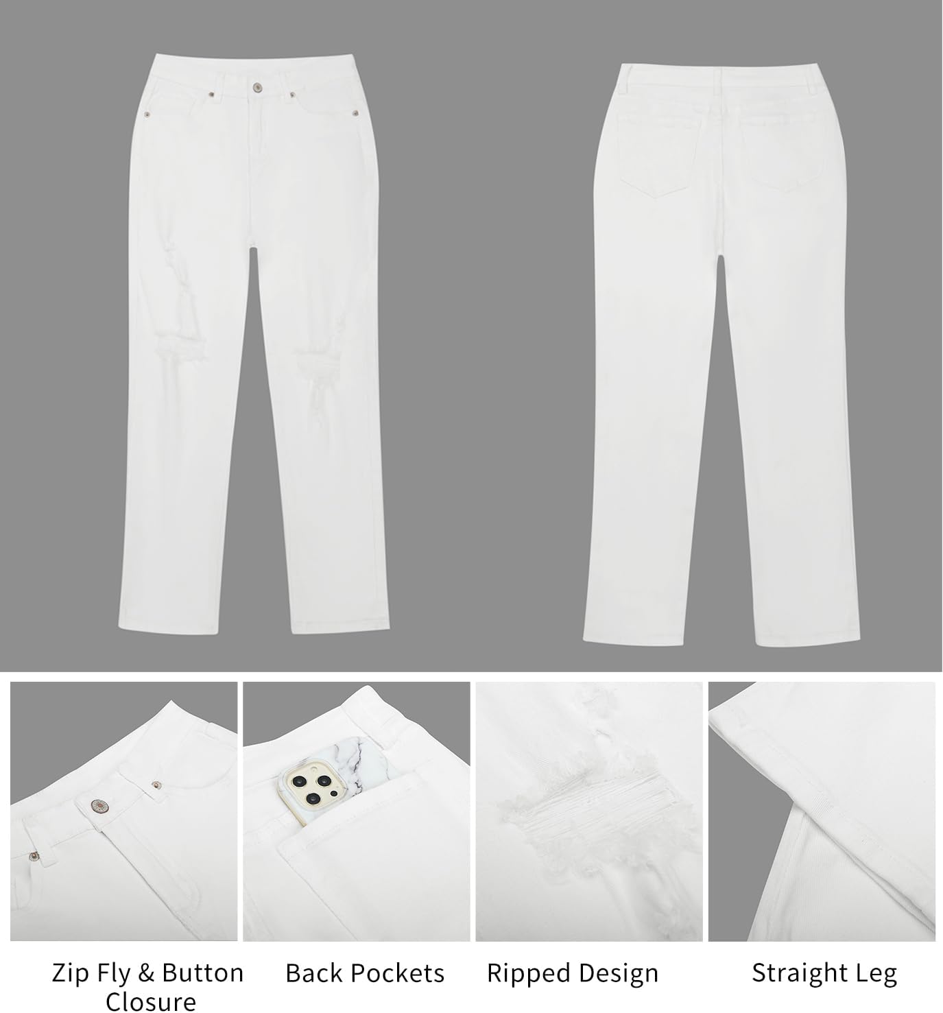GRAPENT Jeans for Women High Waisted Distressed Straight Leg Ripped Jeans Stretchy Denim Pants Western Outfit 90sBrilliant White