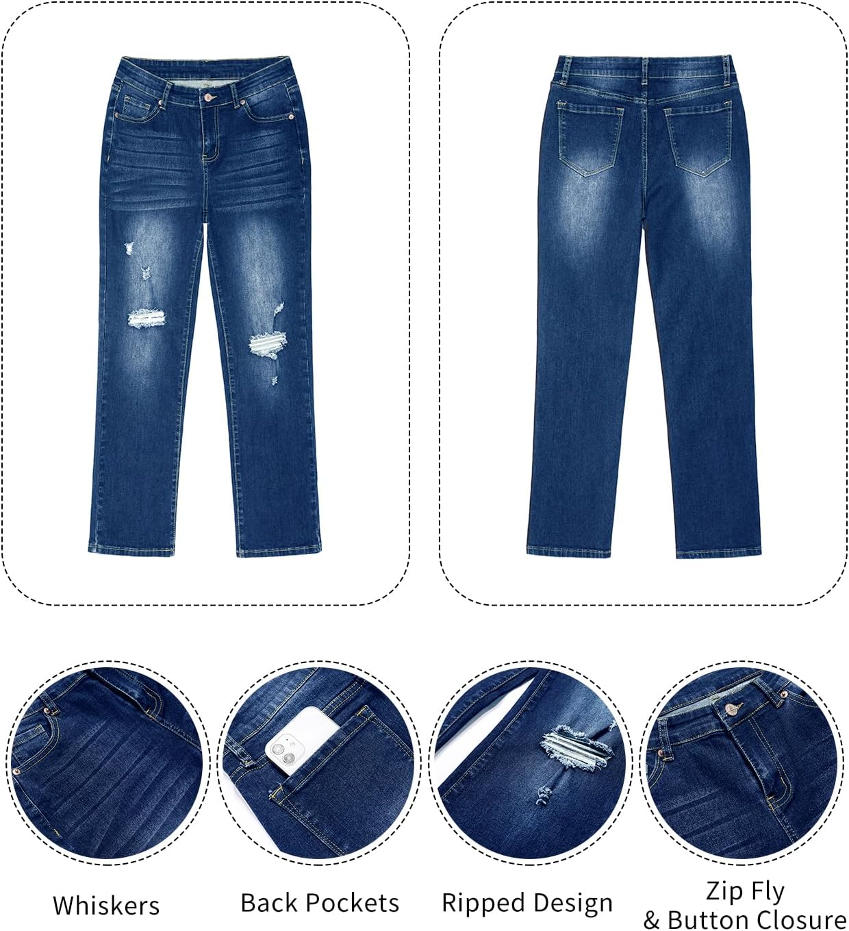 GRAPENT Jeans for Women High Waisted Distressed Straight Leg Ripped Jeans Stretchy Denim Pants Western Outfit 90sClassic Blue