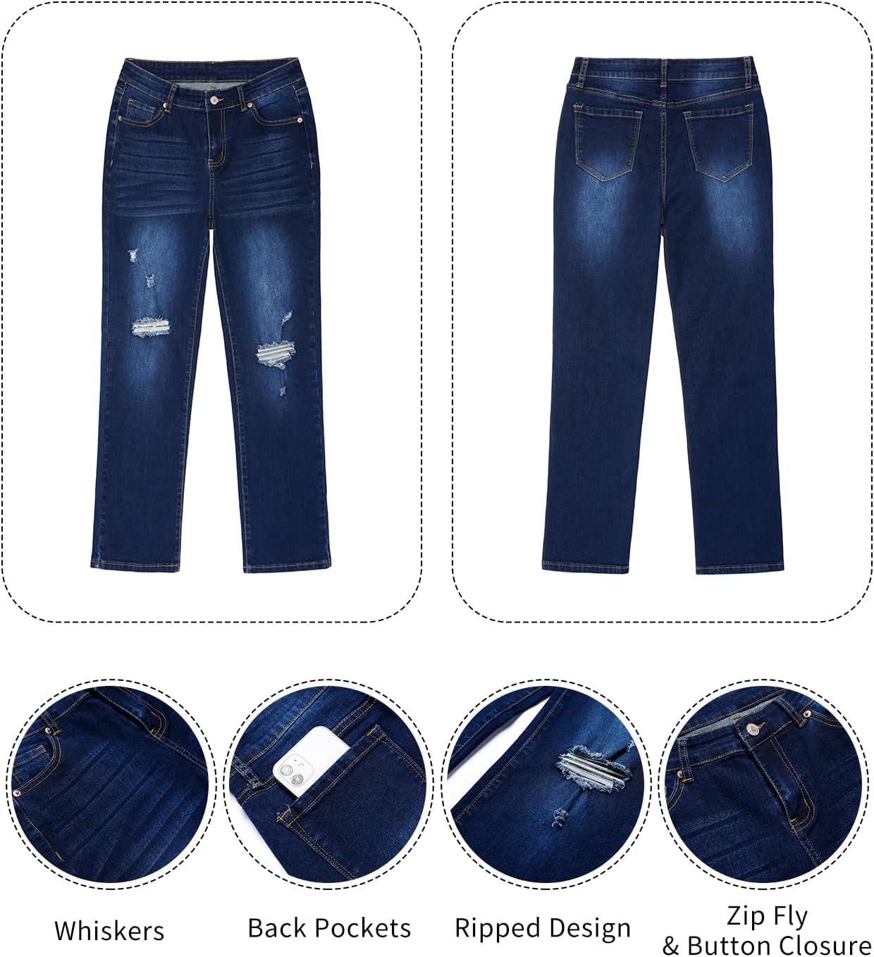 GRAPENT Jeans for Women High Waisted Distressed Straight Leg Ripped Jeans Stretchy Denim Pants Western Outfit 90sCobalt Night Blue
