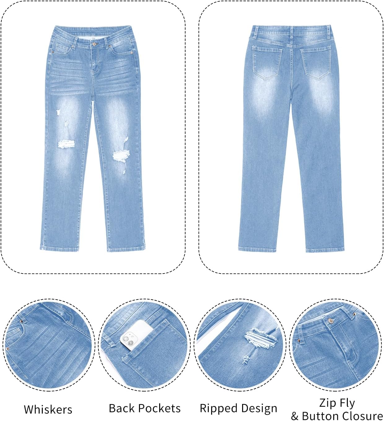 GRAPENT Jeans for Women High Waisted Distressed Straight Leg Ripped Jeans Stretchy Denim Pants Western Outfit 90sCool Blue