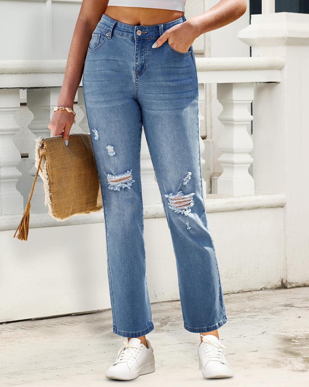 GRAPENT Jeans for Women High Waisted Distressed Straight Leg Ripped Jeans Stretchy Denim Pants Western Outfit 90sMedium Blue