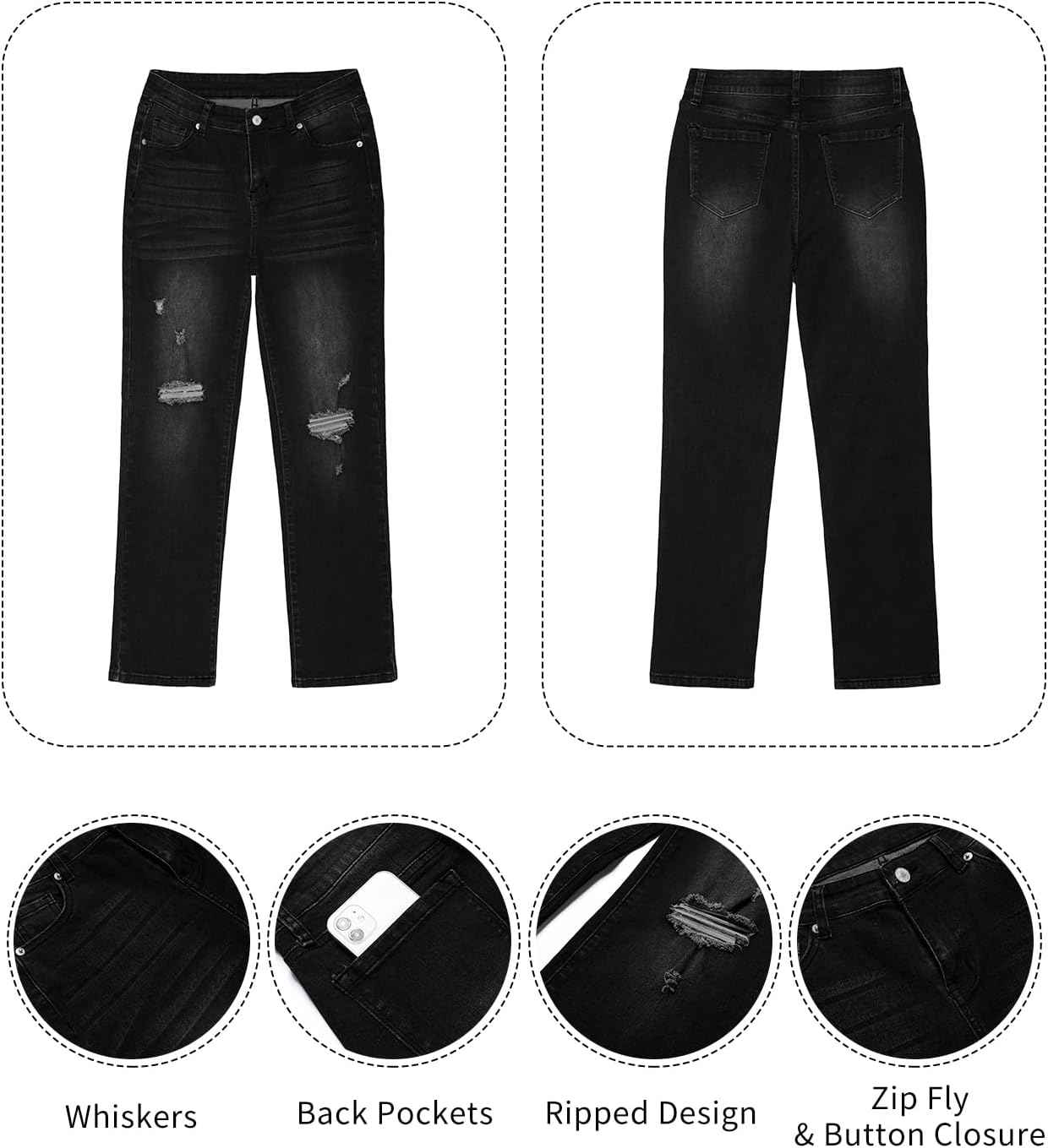 GRAPENT Jeans for Women High Waisted Distressed Straight Leg Ripped Jeans Stretchy Denim Pants Western Outfit 90sSoft Black