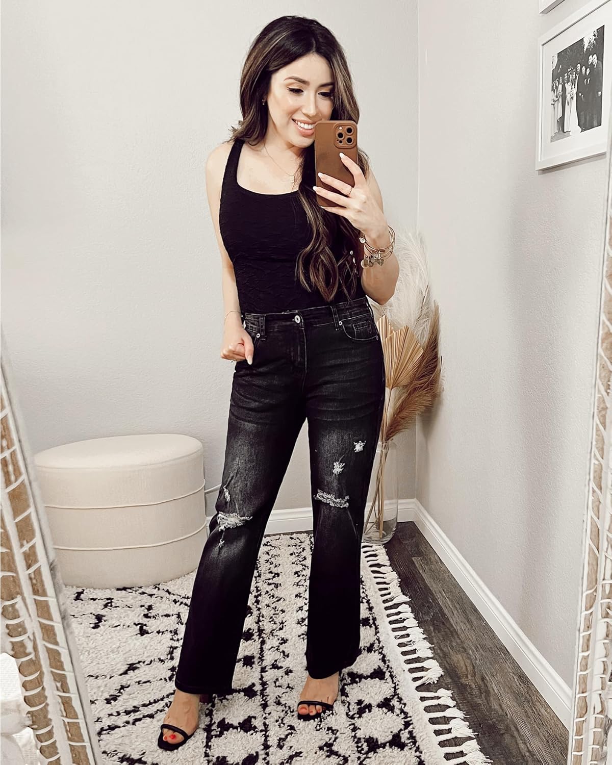 GRAPENT Jeans for Women High Waisted Distressed Straight Leg Ripped Jeans Stretchy Denim Pants Western Outfit 90sSoft Black