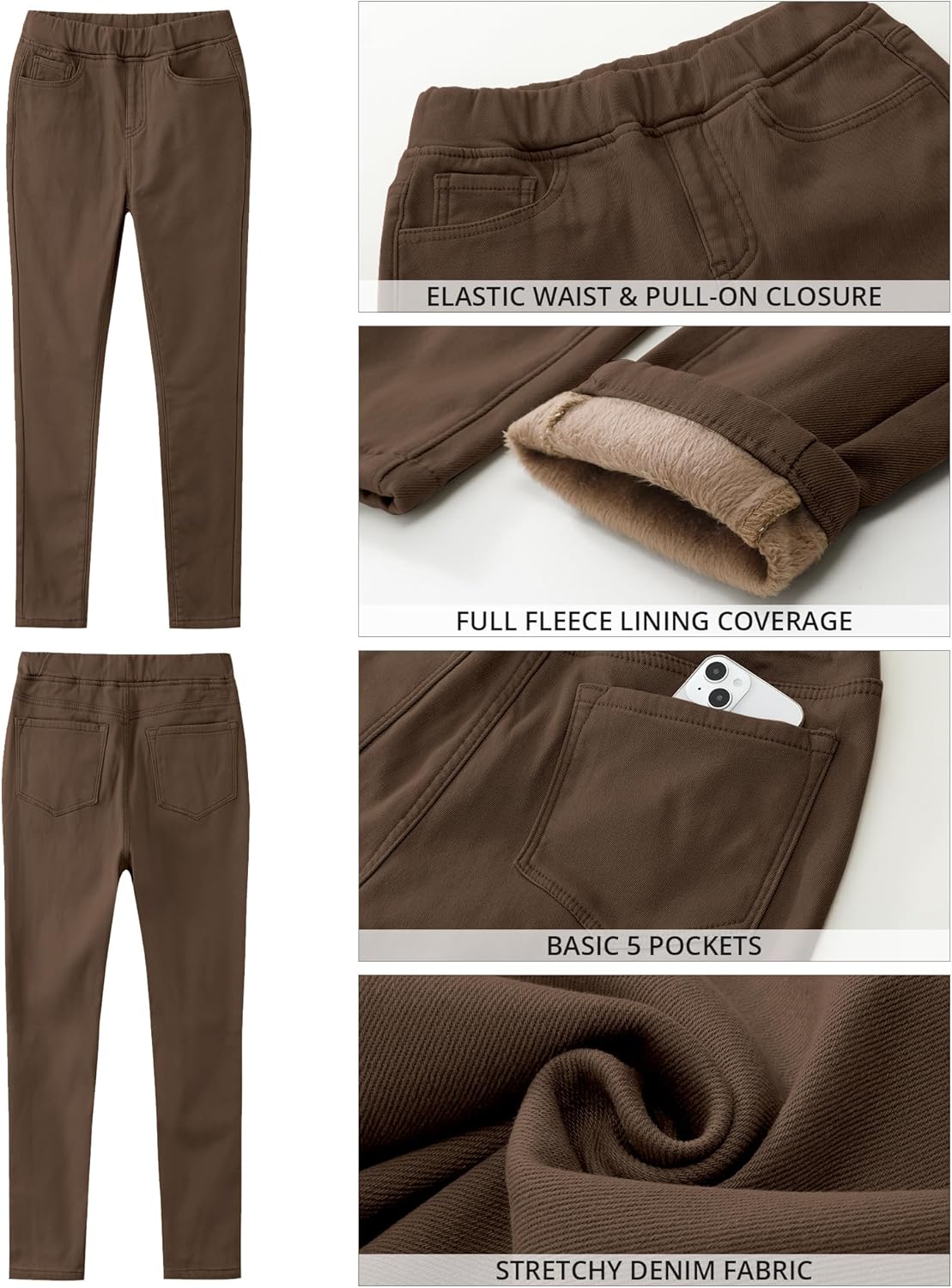 GRAPENT Jeans for Women High Waisted Pull On Fleece Lined Leggings Stretchy Denim Skinny Jeggings Thermal Winter PantsCocoa Brown