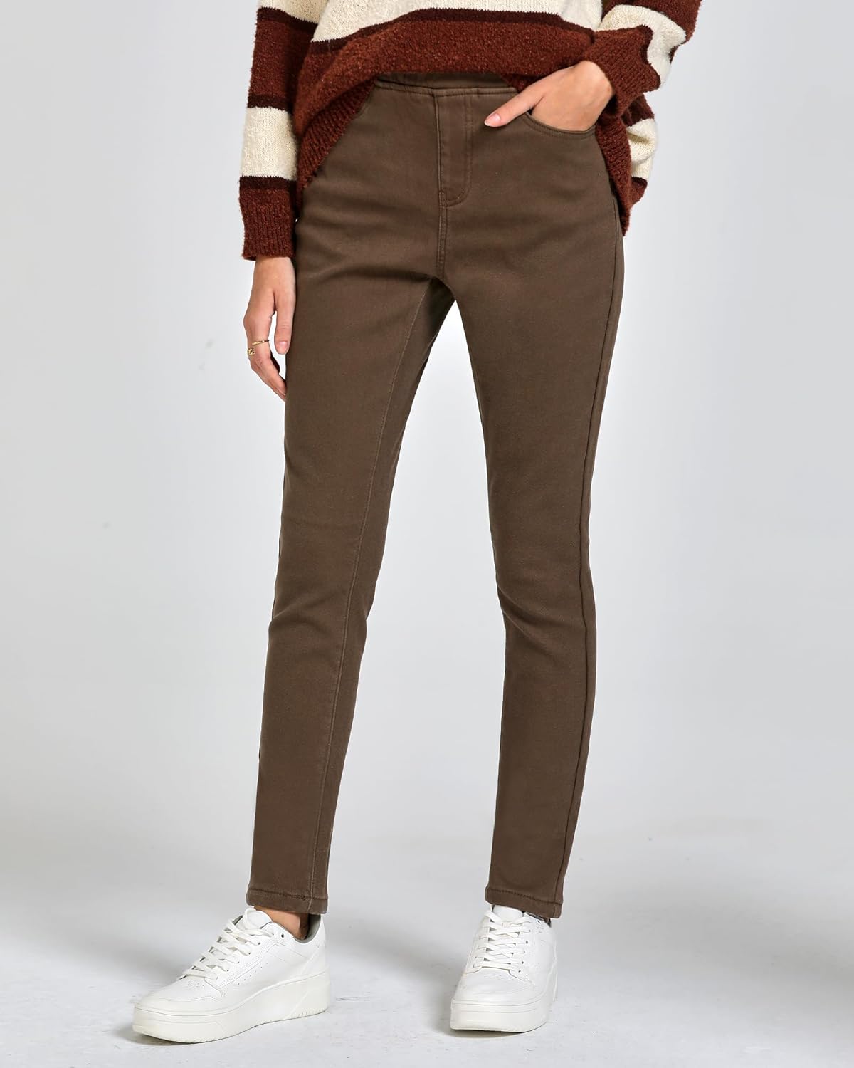 GRAPENT Jeans for Women High Waisted Pull On Fleece Lined Leggings Stretchy Denim Skinny Jeggings Thermal Winter PantsCocoa Brown