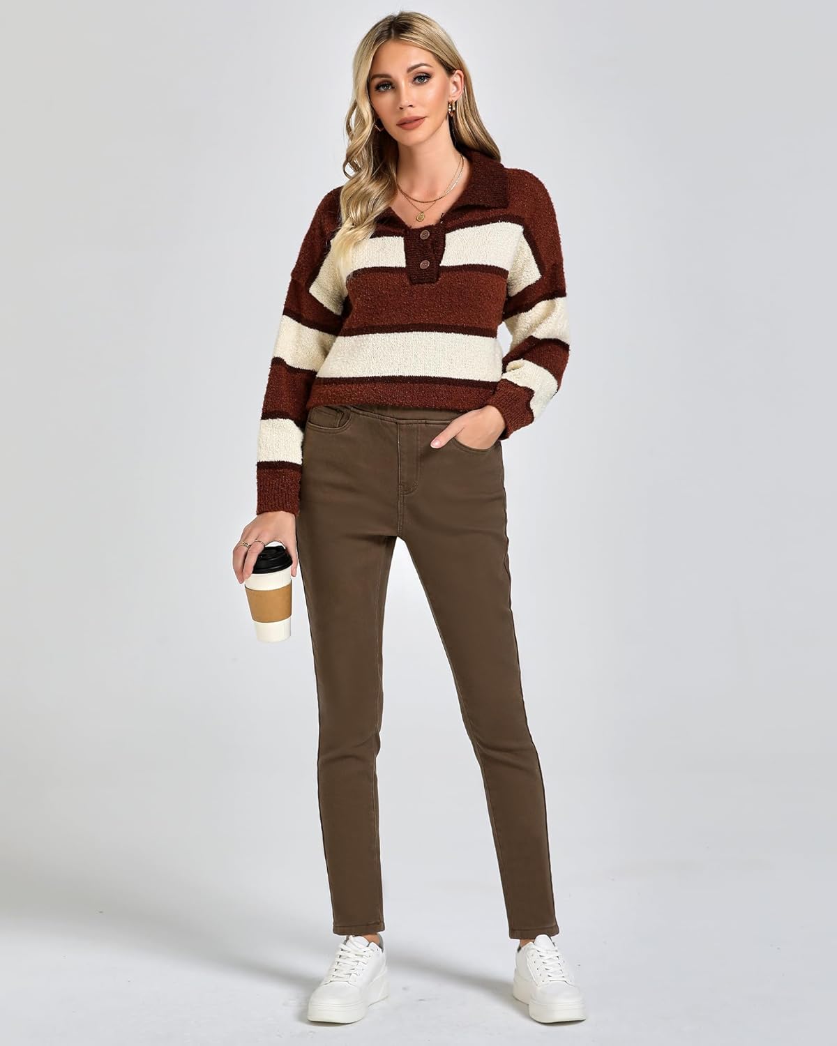 GRAPENT Jeans for Women High Waisted Pull On Fleece Lined Leggings Stretchy Denim Skinny Jeggings Thermal Winter PantsCocoa Brown