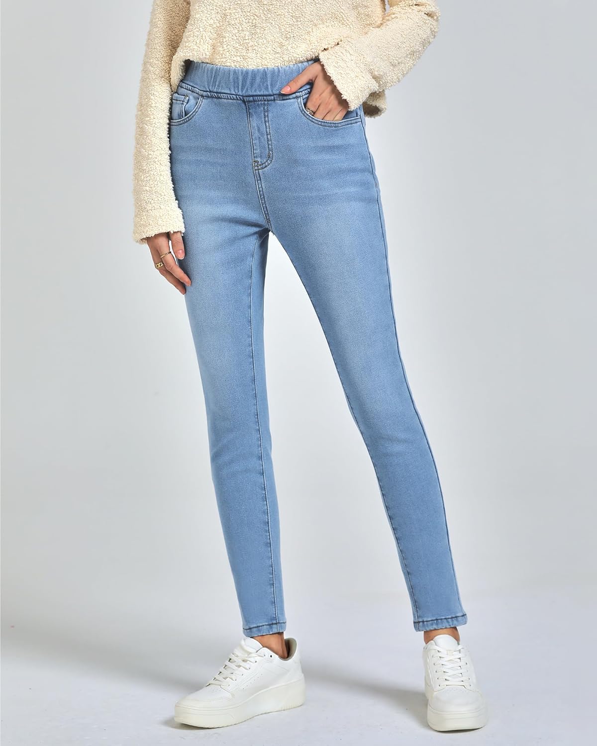 GRAPENT Jeans for Women High Waisted Pull On Fleece Lined Leggings Stretchy Denim Skinny Jeggings Thermal Winter PantsCool Blue
