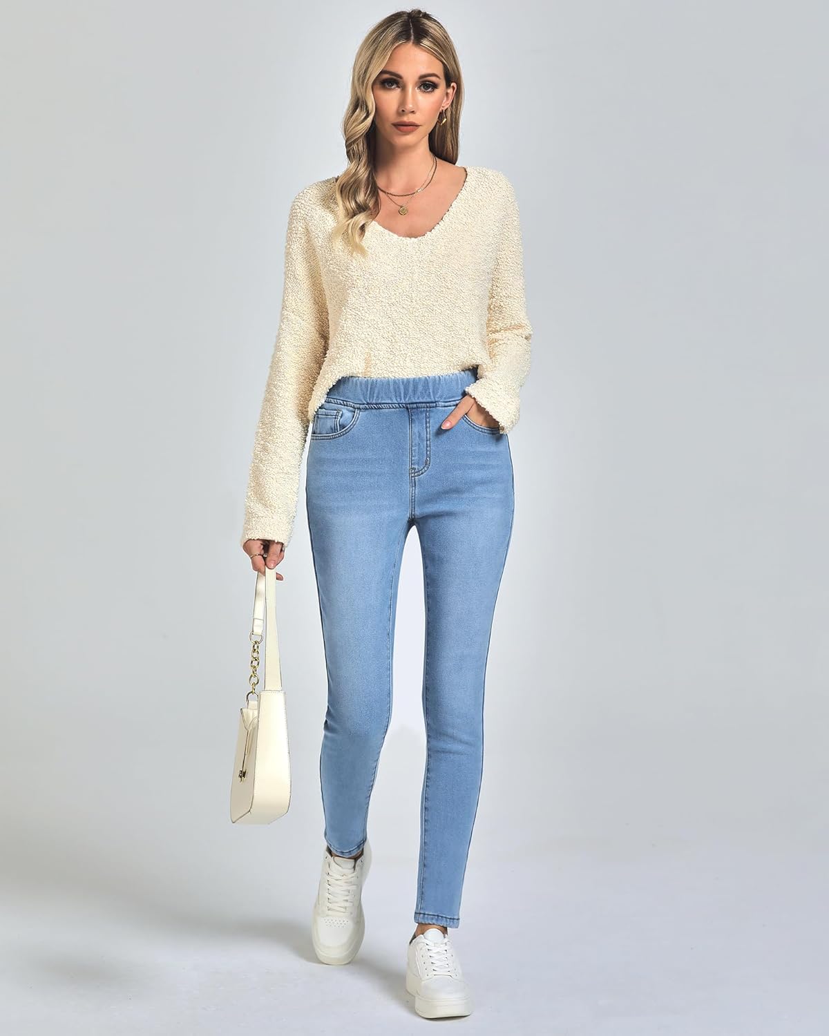 GRAPENT Jeans for Women High Waisted Pull On Fleece Lined Leggings Stretchy Denim Skinny Jeggings Thermal Winter PantsCool Blue