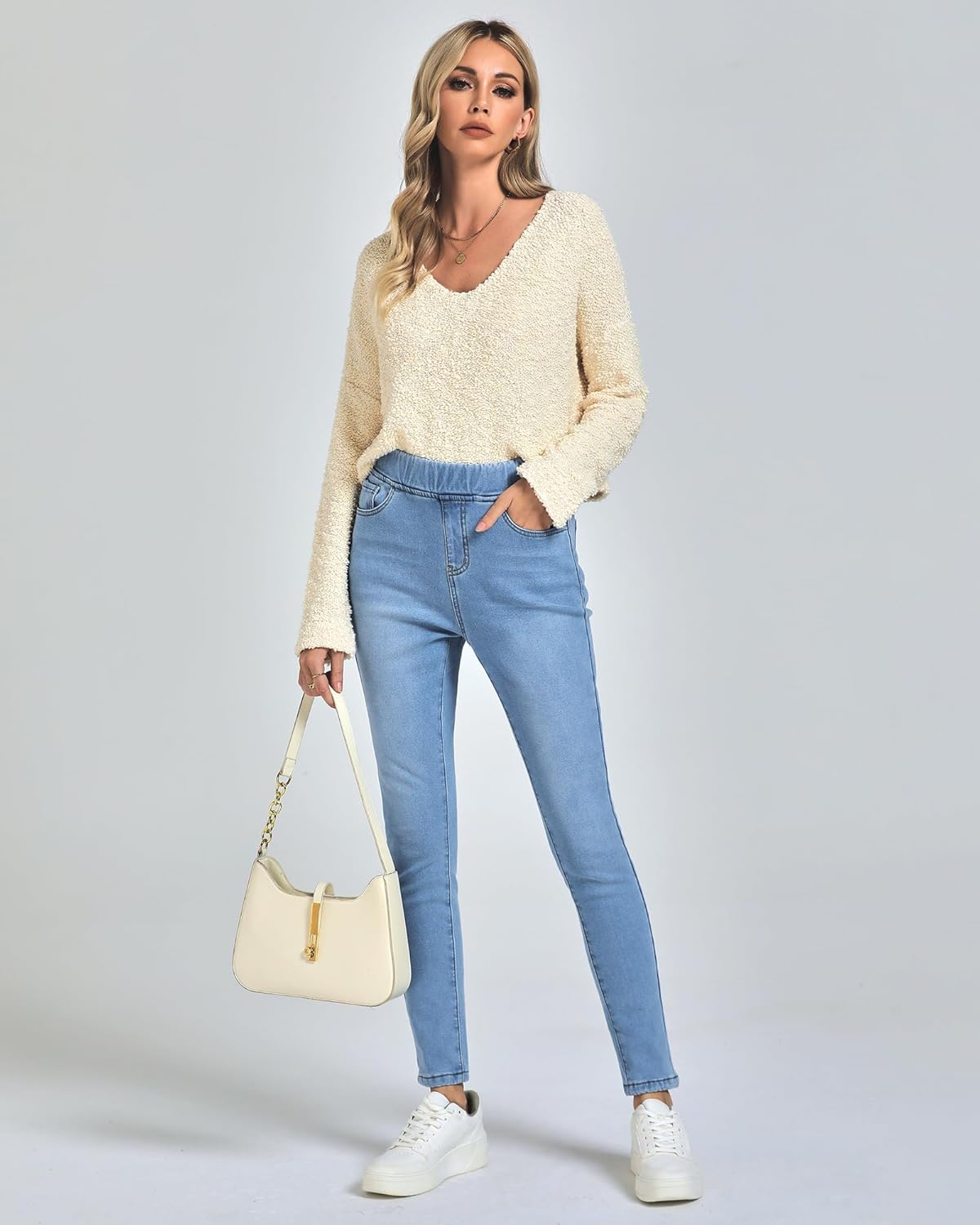 GRAPENT Jeans for Women High Waisted Pull On Fleece Lined Leggings Stretchy Denim Skinny Jeggings Thermal Winter PantsCool Blue