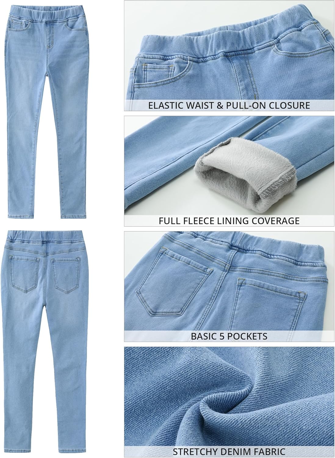 GRAPENT Jeans for Women High Waisted Pull On Fleece Lined Leggings Stretchy Denim Skinny Jeggings Thermal Winter PantsCool Blue