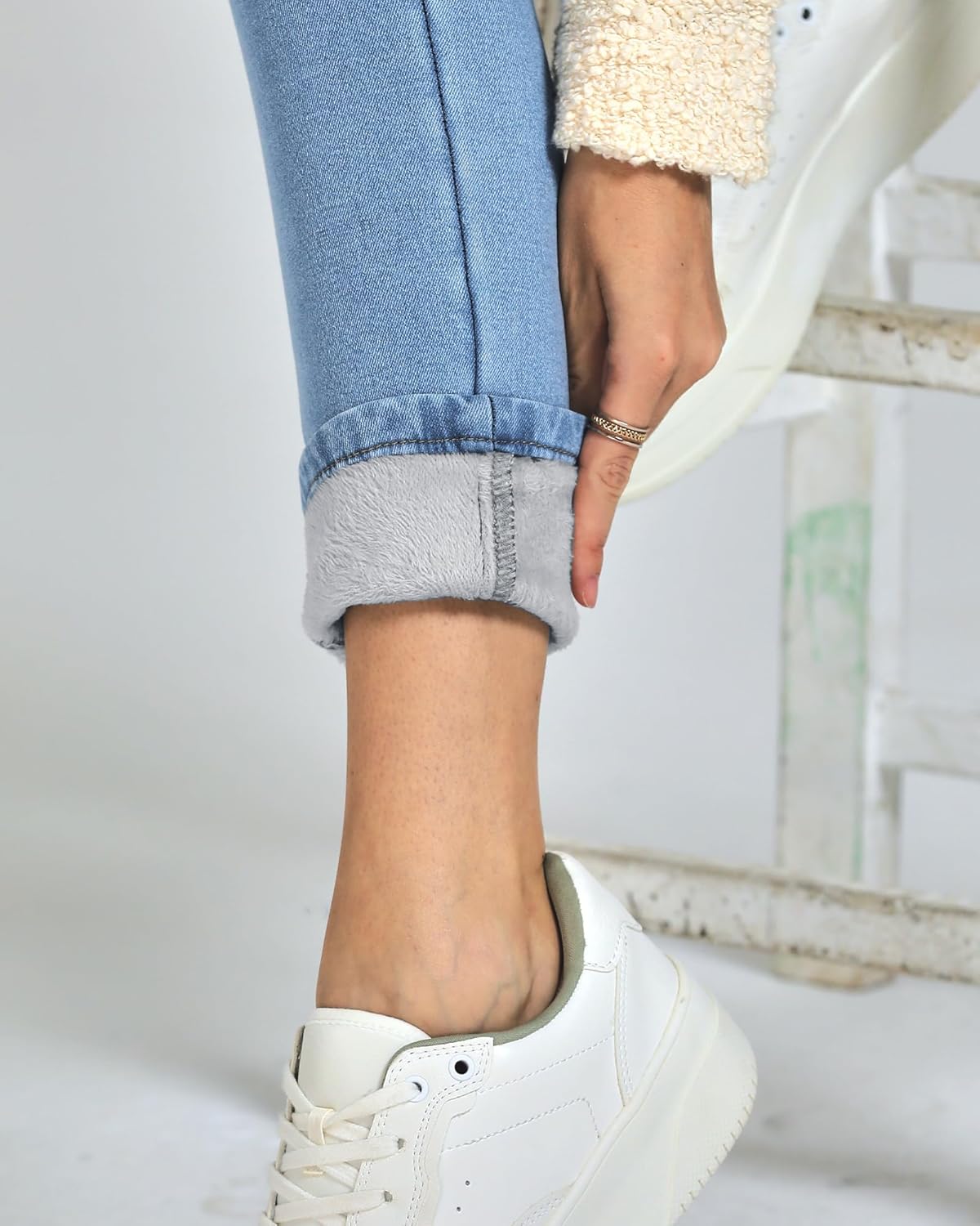 GRAPENT Jeans for Women High Waisted Pull On Fleece Lined Leggings Stretchy Denim Skinny Jeggings Thermal Winter PantsCool Blue