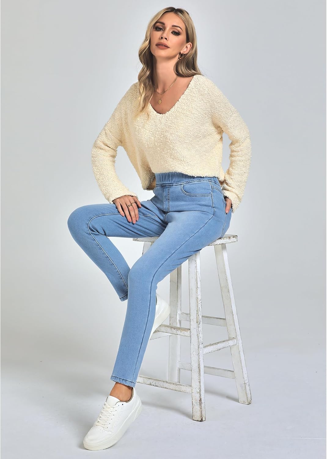 GRAPENT Jeans for Women High Waisted Pull On Fleece Lined Leggings Stretchy Denim Skinny Jeggings Thermal Winter PantsCool Blue