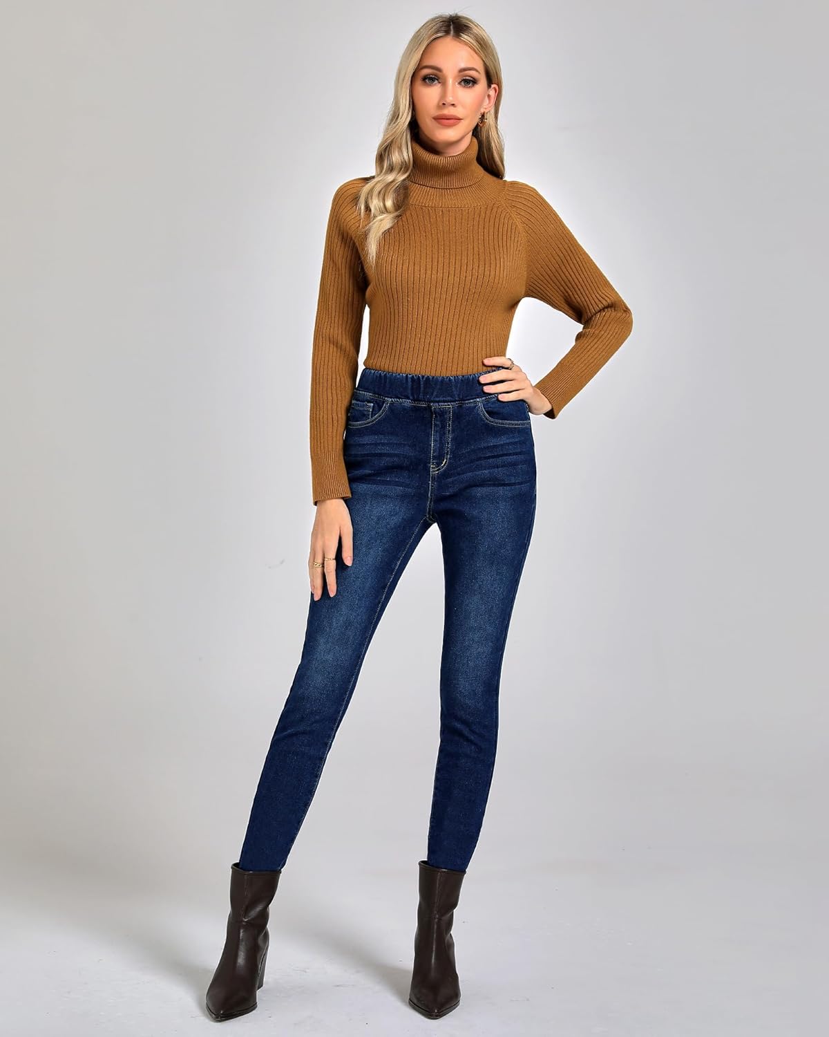 GRAPENT Jeans for Women High Waisted Pull On Fleece Lined Leggings Stretchy Denim Skinny Jeggings Thermal Winter PantsDark Blue