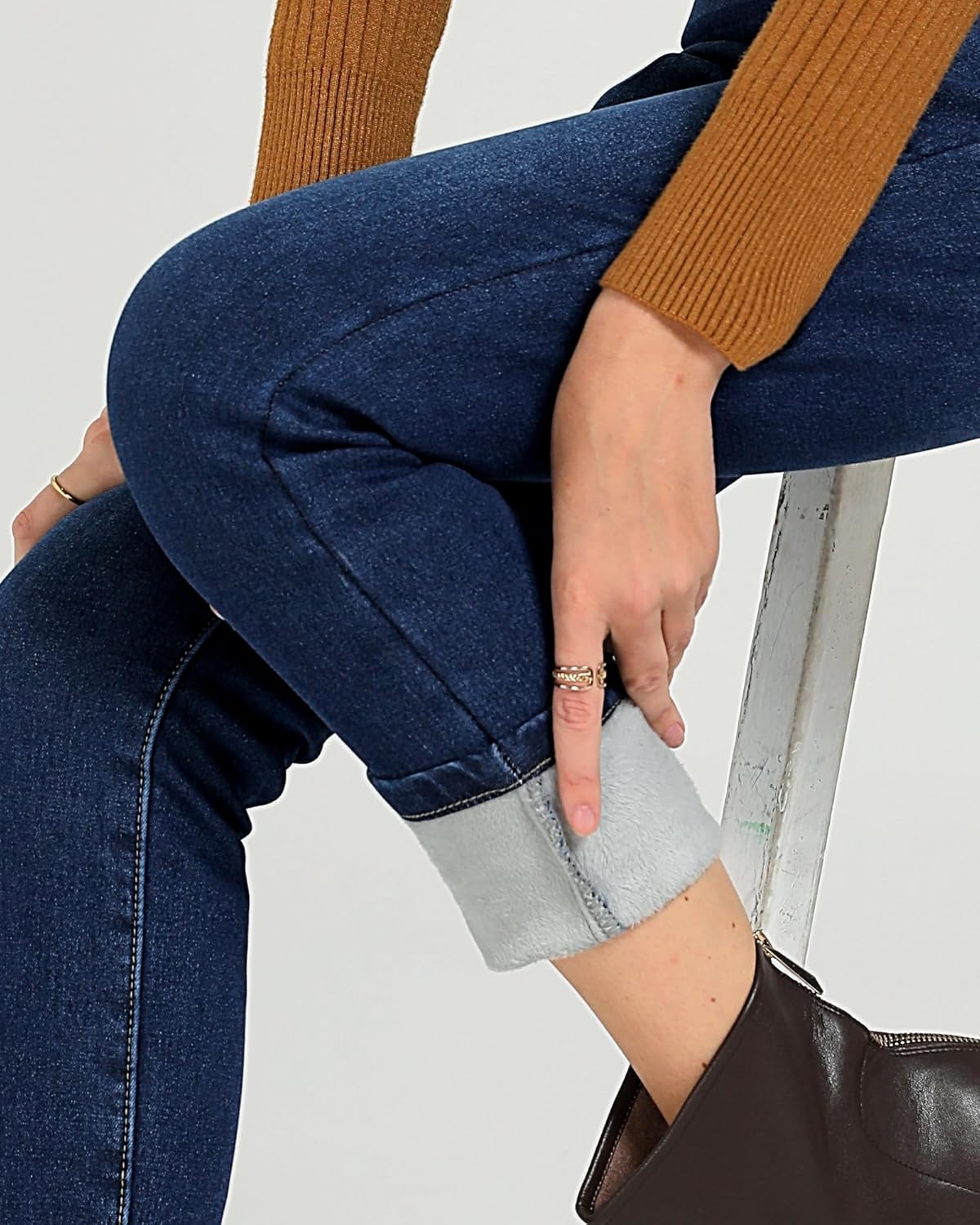 GRAPENT Jeans for Women High Waisted Pull On Fleece Lined Leggings Stretchy Denim Skinny Jeggings Thermal Winter PantsDark Blue