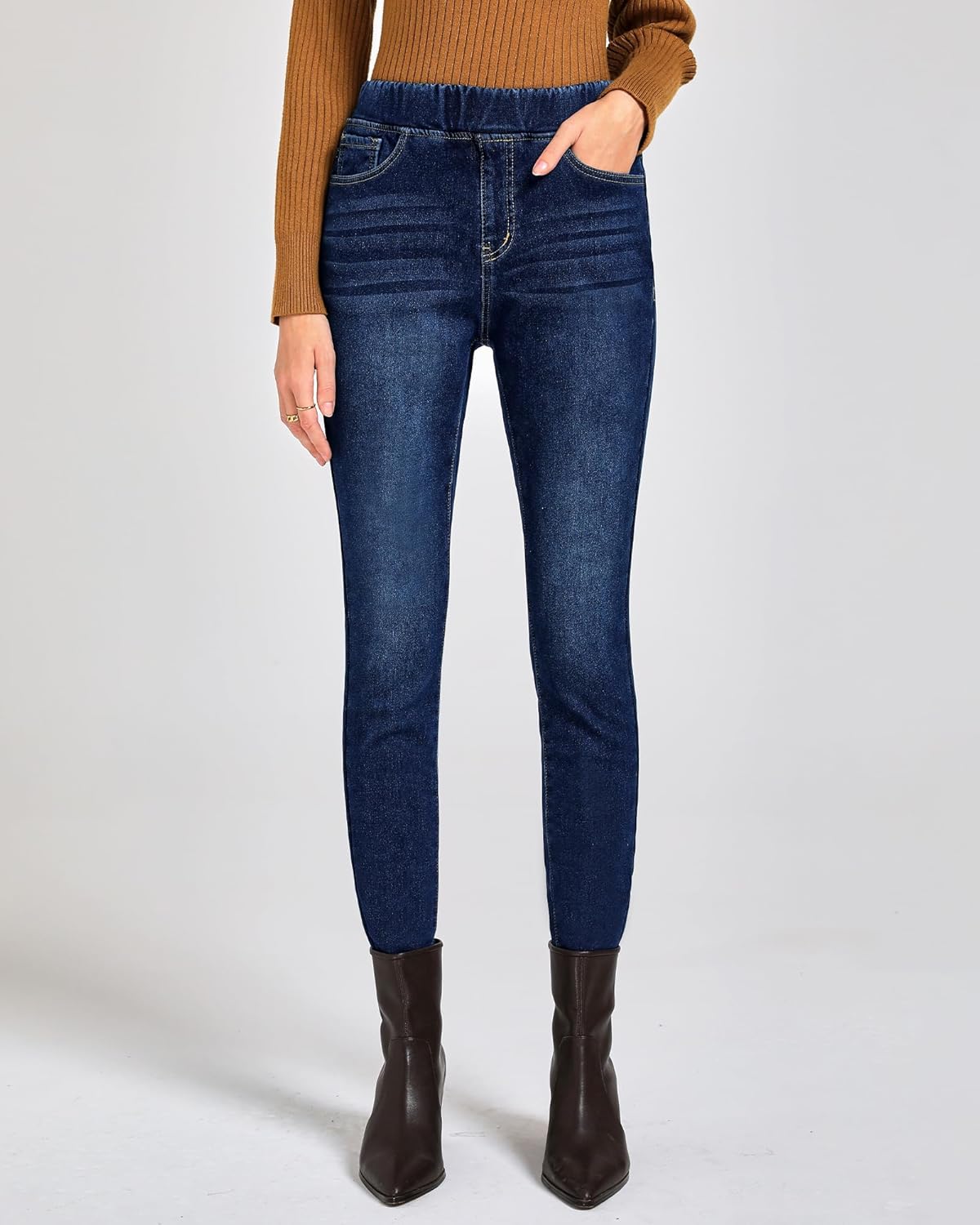 GRAPENT Jeans for Women High Waisted Pull On Fleece Lined Leggings Stretchy Denim Skinny Jeggings Thermal Winter PantsDark Blue