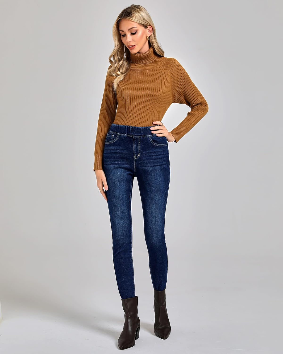 GRAPENT Jeans for Women High Waisted Pull On Fleece Lined Leggings Stretchy Denim Skinny Jeggings Thermal Winter PantsDark Blue