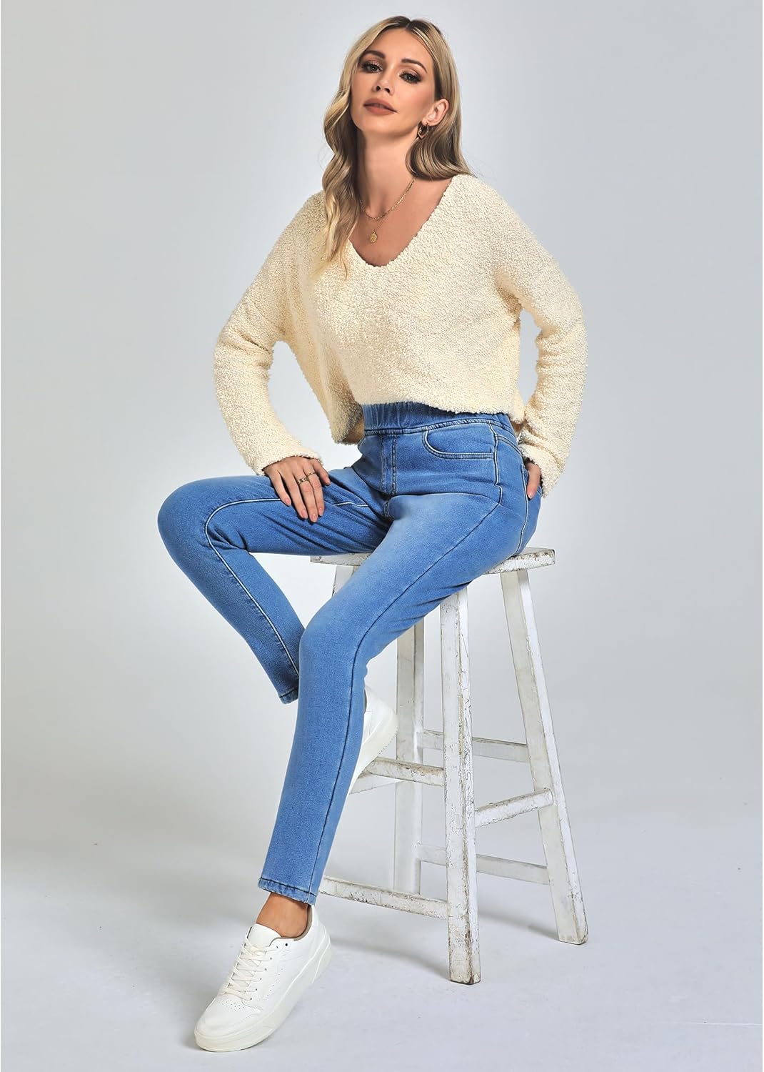 GRAPENT Jeans for Women High Waisted Pull On Fleece Lined Leggings Stretchy Denim Skinny Jeggings Thermal Winter PantsMedium Blue