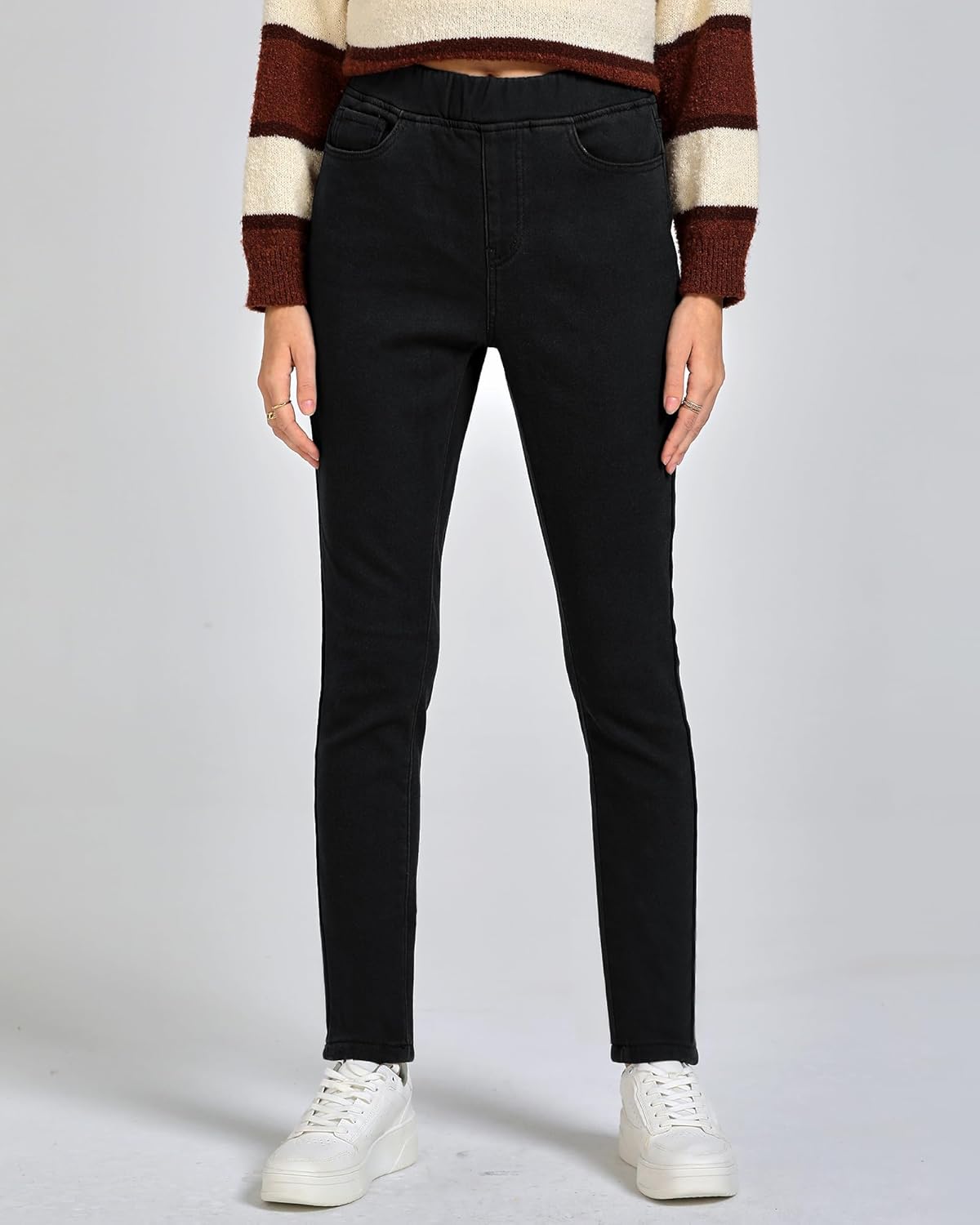 GRAPENT Jeans for Women High Waisted Pull On Fleece Lined Leggings Stretchy Denim Skinny Jeggings Thermal Winter PantsTrue Black