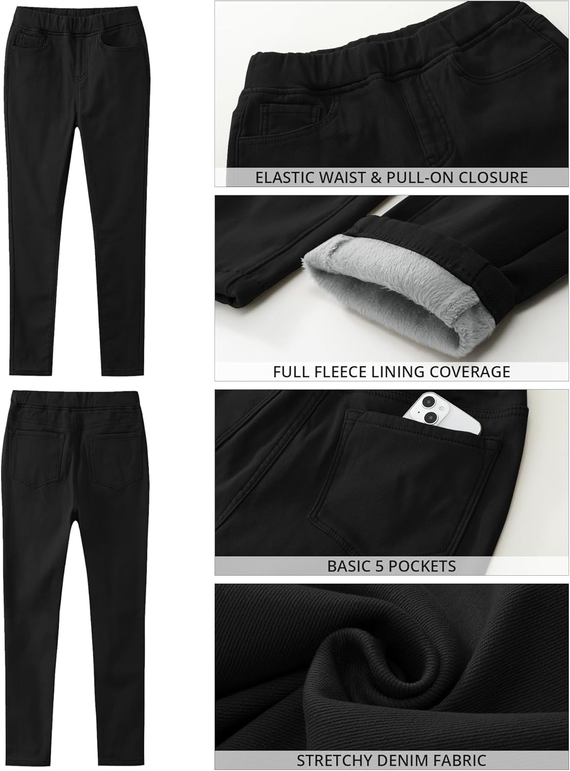 GRAPENT Jeans for Women High Waisted Pull On Fleece Lined Leggings Stretchy Denim Skinny Jeggings Thermal Winter PantsTrue Black