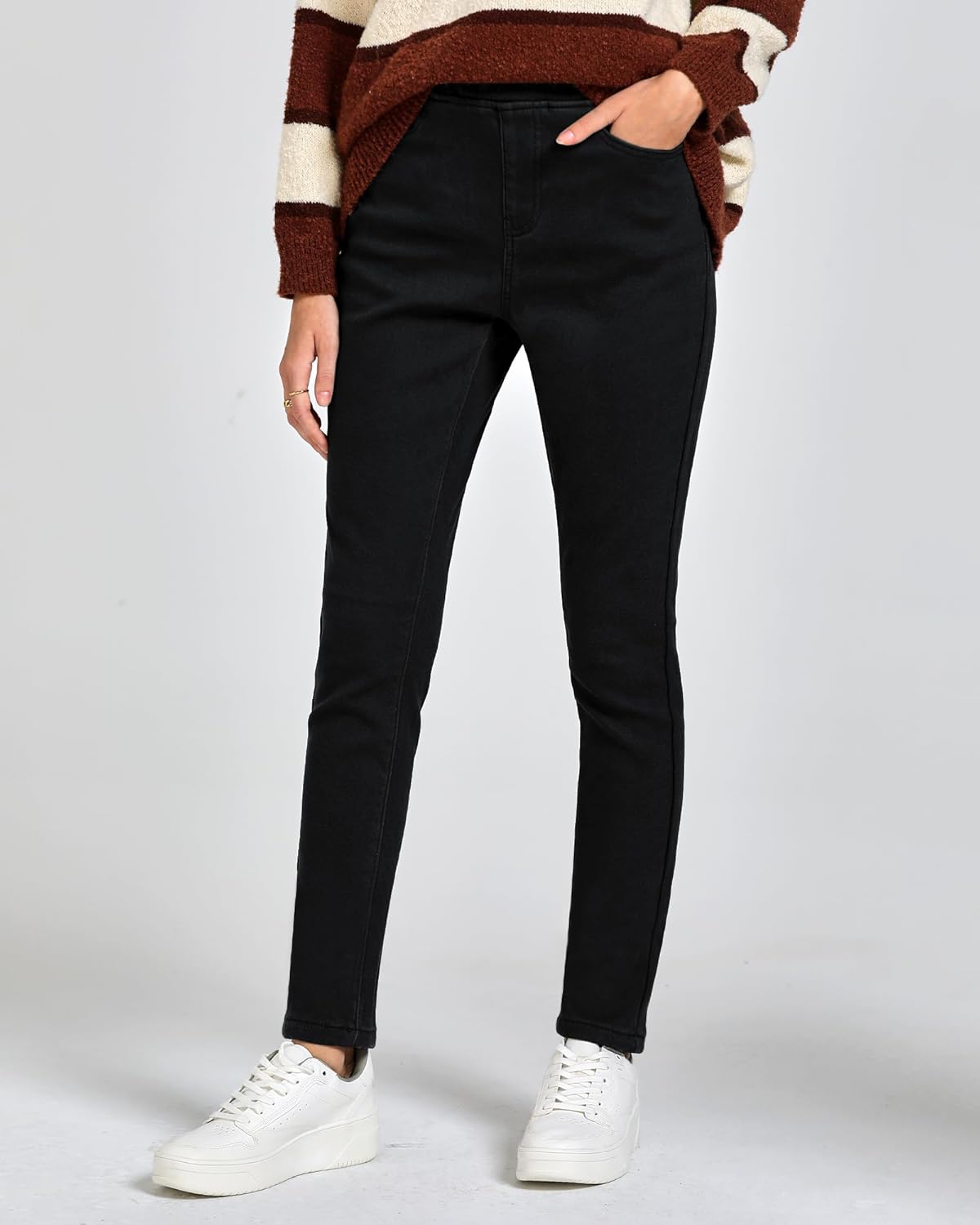 GRAPENT Jeans for Women High Waisted Pull On Fleece Lined Leggings Stretchy Denim Skinny Jeggings Thermal Winter PantsTrue Black